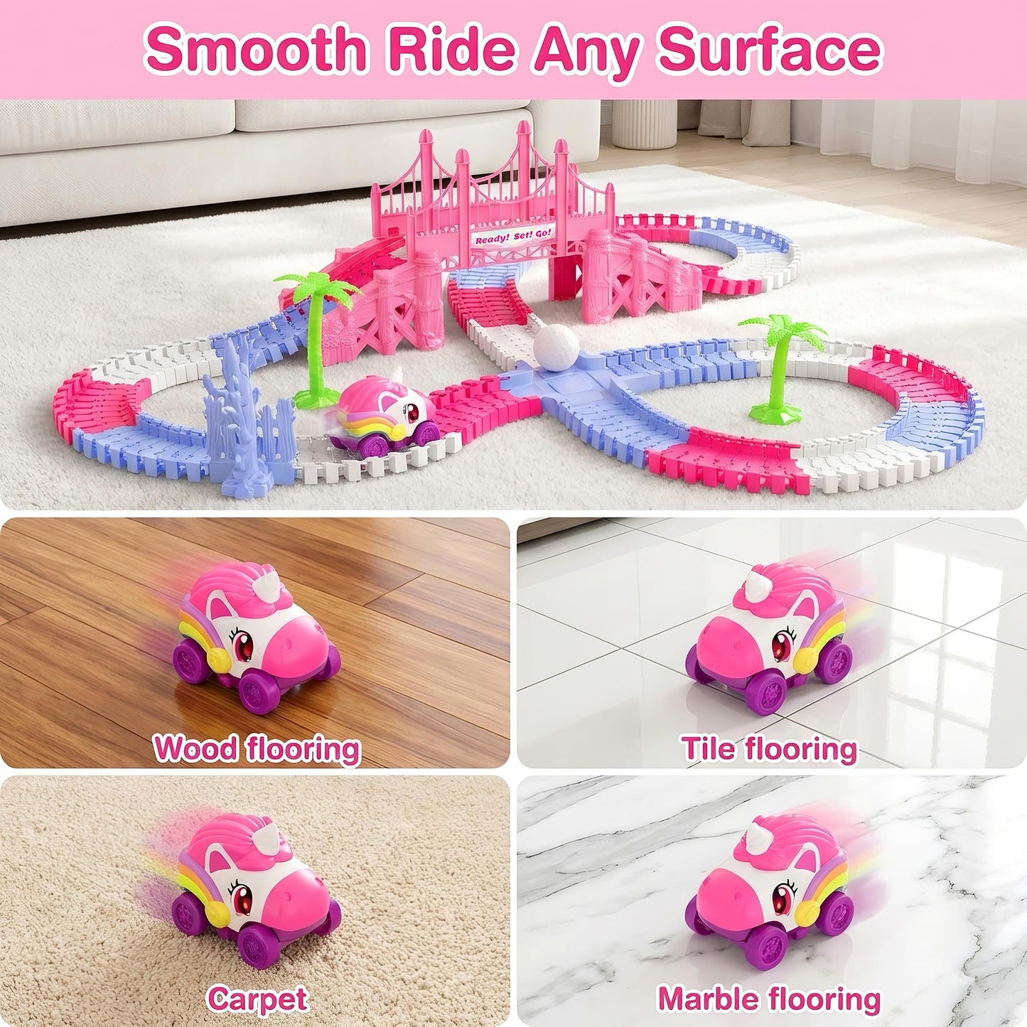 Race Car Tracks Toy Set for Girls Age 3-8, 214PCS Pink Princess Cars Toys with Monster Truck & Magic Bendable Train Tracks, Flexible DIY Raceway Set for Toddler Girls Christmas Birthday Gifts
