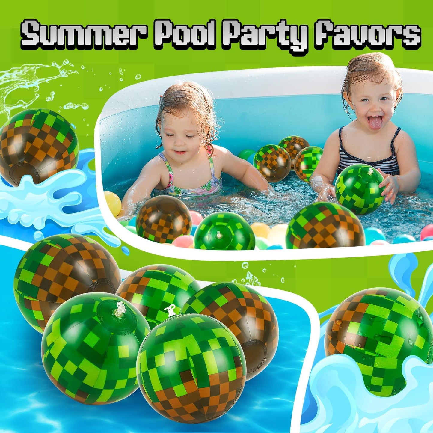 ZSMKJIAYE 24 Pack Pixel Themed Beach Balls - 6 Inches Green and Brown Inflatable Floating Balls for Birthday Party Decorations, Summer Pool and Beach Game, and Bulk Birthday Party Favors