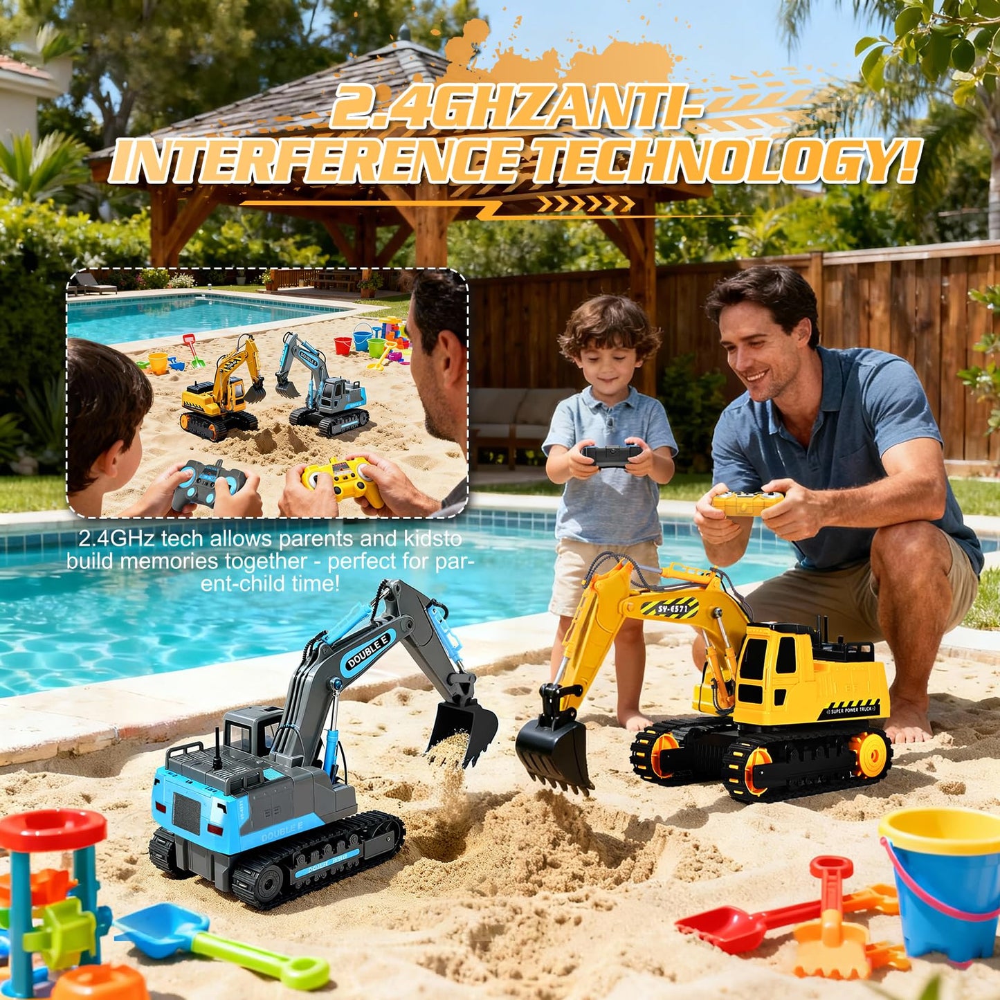 DOUBLE E Remote Control Excavator Toy, 2*Batteries 2.4GHz RC Excavator, 6-in-1 Digging/360° Rotation, 20M Range Sandbox Construction Toys Birthday Gift for Boys/Kids 6+ Years