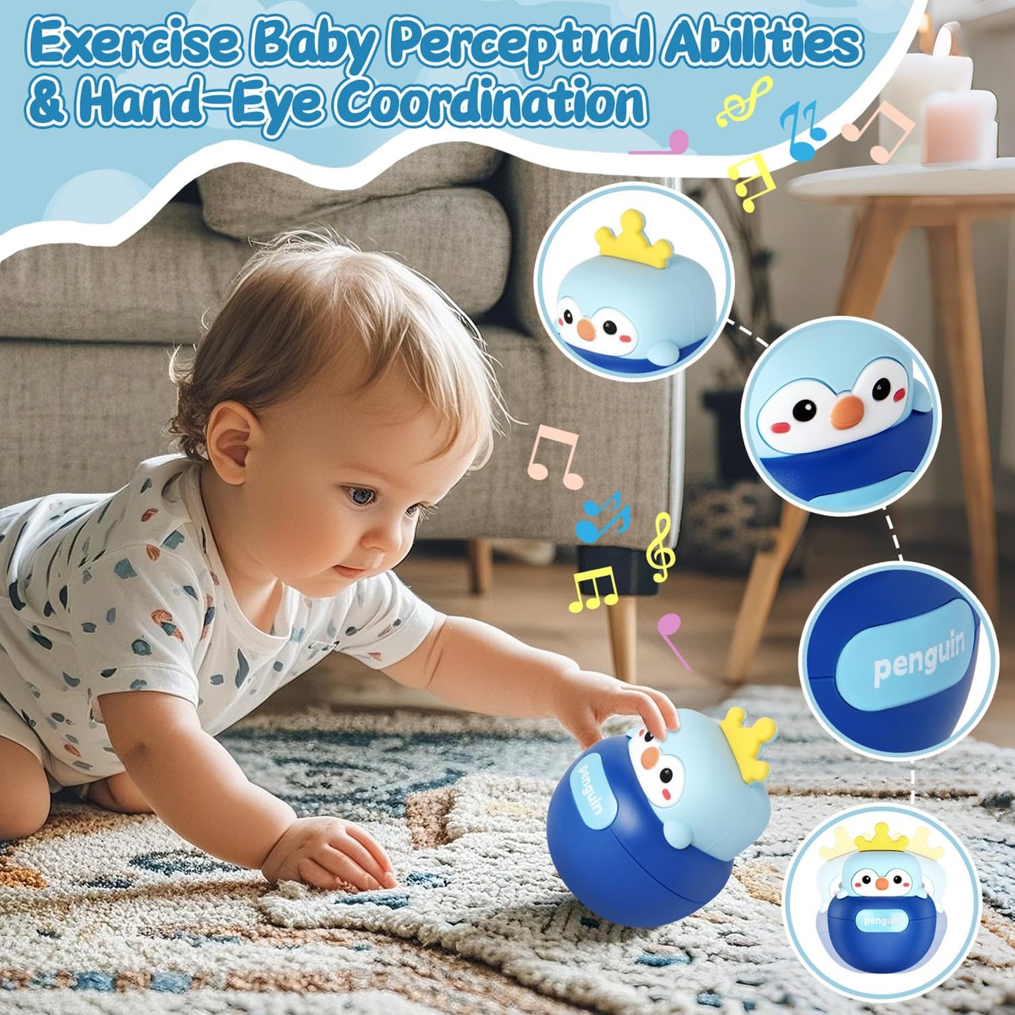 Yaozyety Baby Penguin Wobble Toys, Infant Roly-Poly Tumbler Musical Wobbler, Babies Sensory Development & Teething Toy for Newborn 3-12 Month Baby Toddler Boys and Girls Gifts