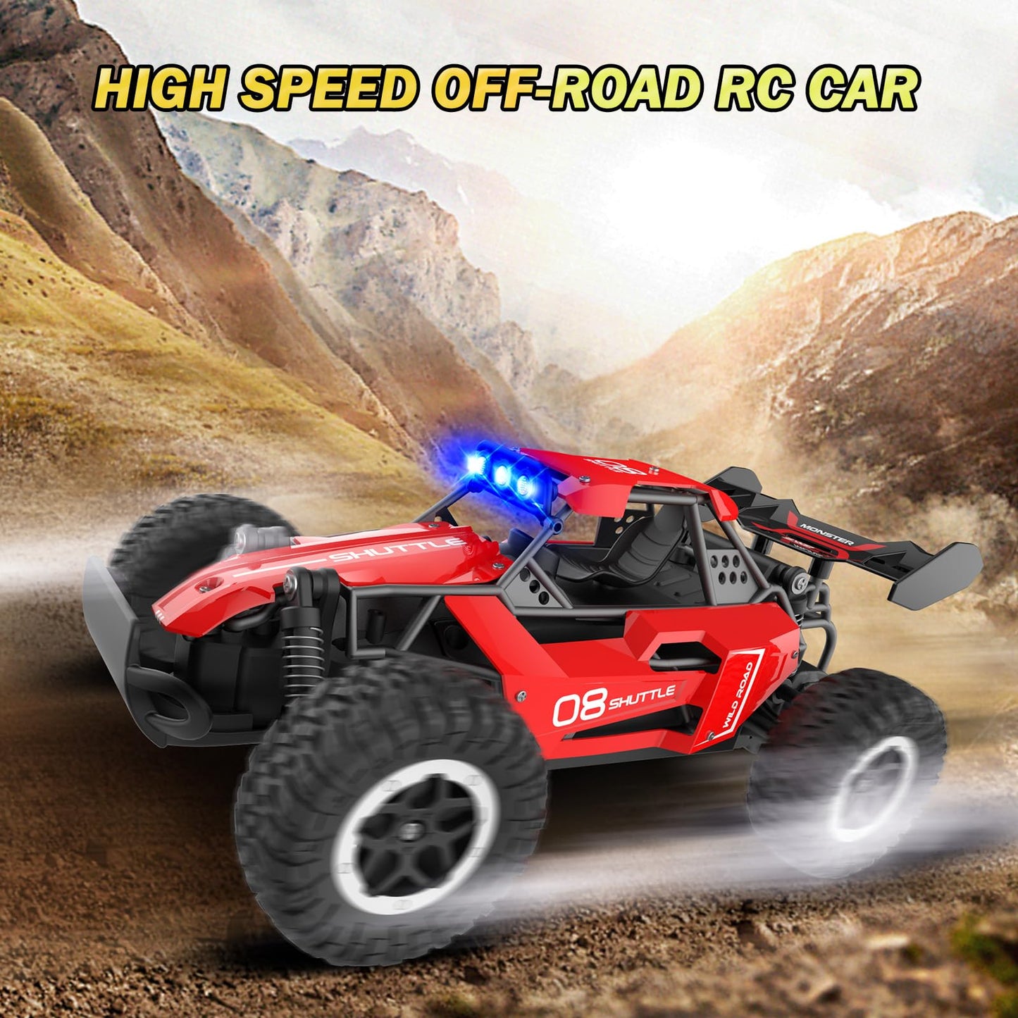 Remote Control Car for Kids 3 4 5 6 7+, 20 KM/H High-Speed RC Cars with LED Lights, 2.4GHz 2WD Monster Truck Toys,Toy Cars for Girls Boys,Christmas & Birthday Gifts,Upgraded Anti-Collision Shaft–Red