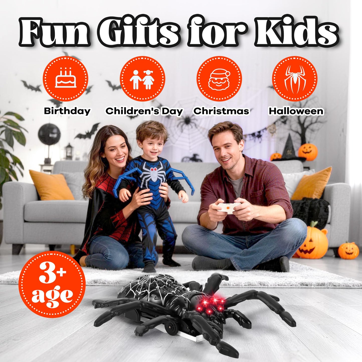 Nurcazo Remote Control Spider, Wall Climbing Spider with LED Red Eyes, Climbs Smooth Walls & Ceilings, RC Creepy Crawly Spider for Kids 3+ (No Assembly), Indoor Halloween Christmas Birthday Gift