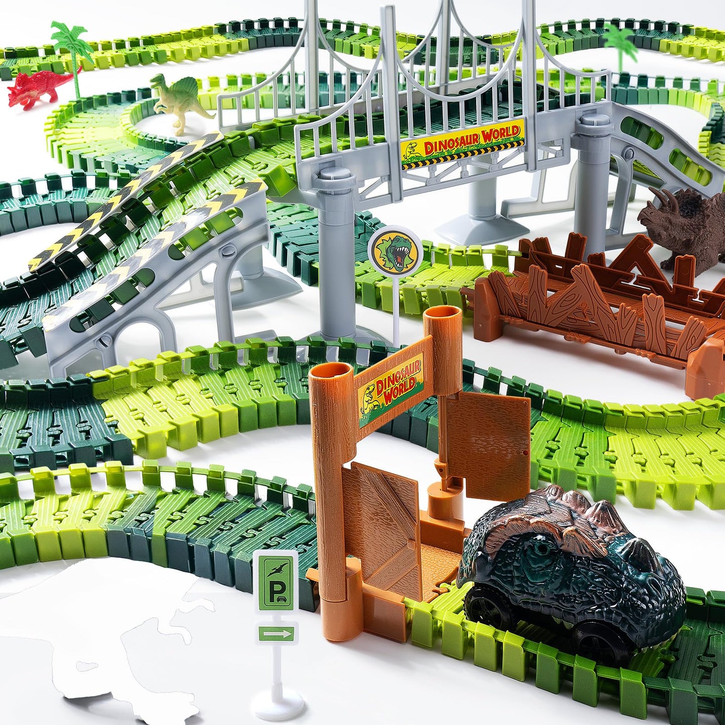 268 PCS Race Tracks Dinosaur Toys for Kids 3-5, Glow in The Dark Magic Toy Set, 2 Dinosaur Cars Track, Flexible DIY Track Set, Birthday Gift for Age 3-9 Boys Toddler Girls