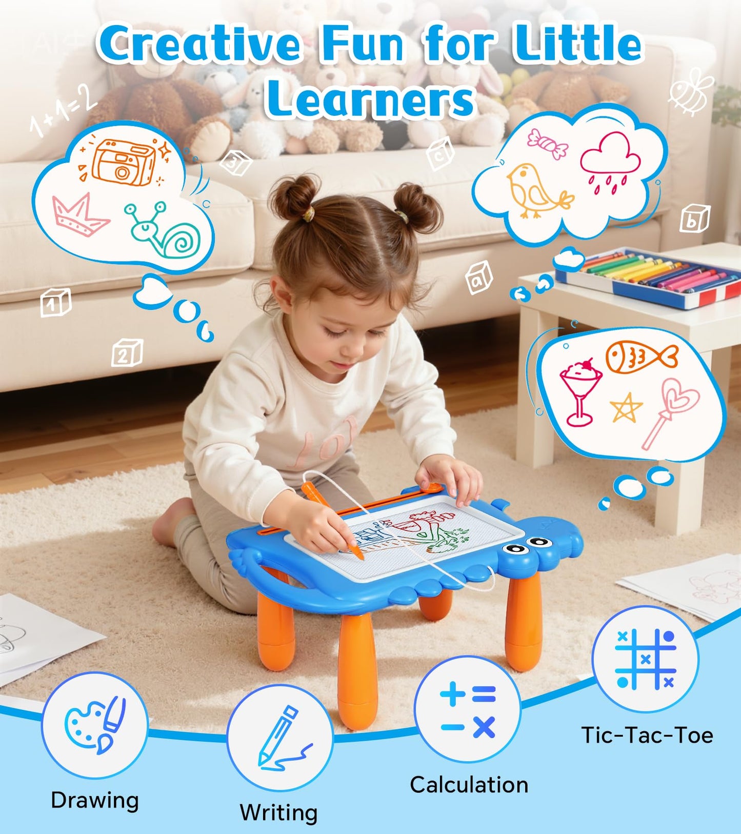 AiTuiTui Magnetic Drawing Board for Toddlers 1–3, Cute Dinosaur Doodle Board with Detachable Legs & Carry Handle, No Stamp Mess-Free Writing Pad, Safe Educational Toy for Kid Boys & Girls Gift, Blue