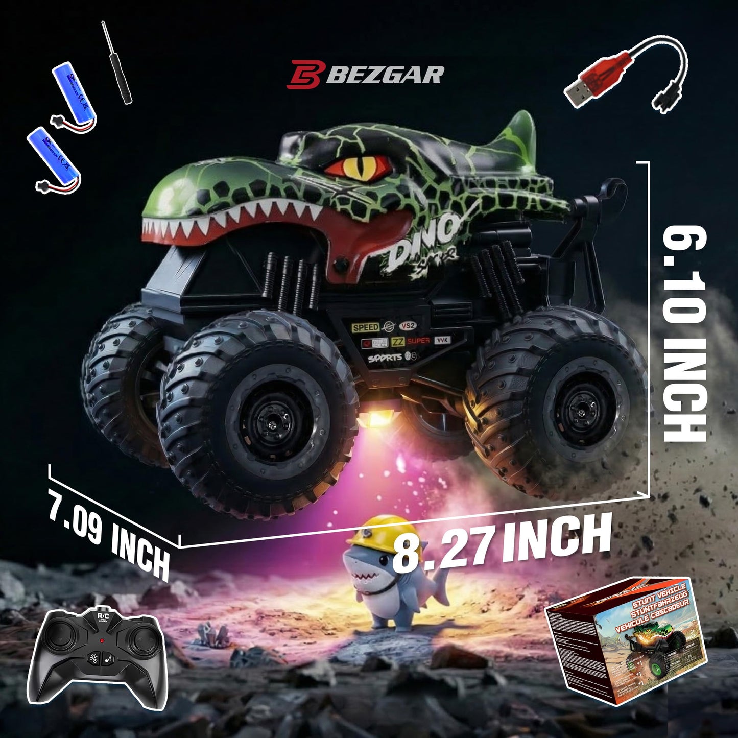 BEZGAR 1:20 Monster Truck Toys, 360°Stunt RC Cars Rotation Dinosaur Toys with Music, 2 Batteries and Wireless LED Strobe Lights, Remote Control Car for Boys 4 5 6 7 8 9 Years Old(Green)