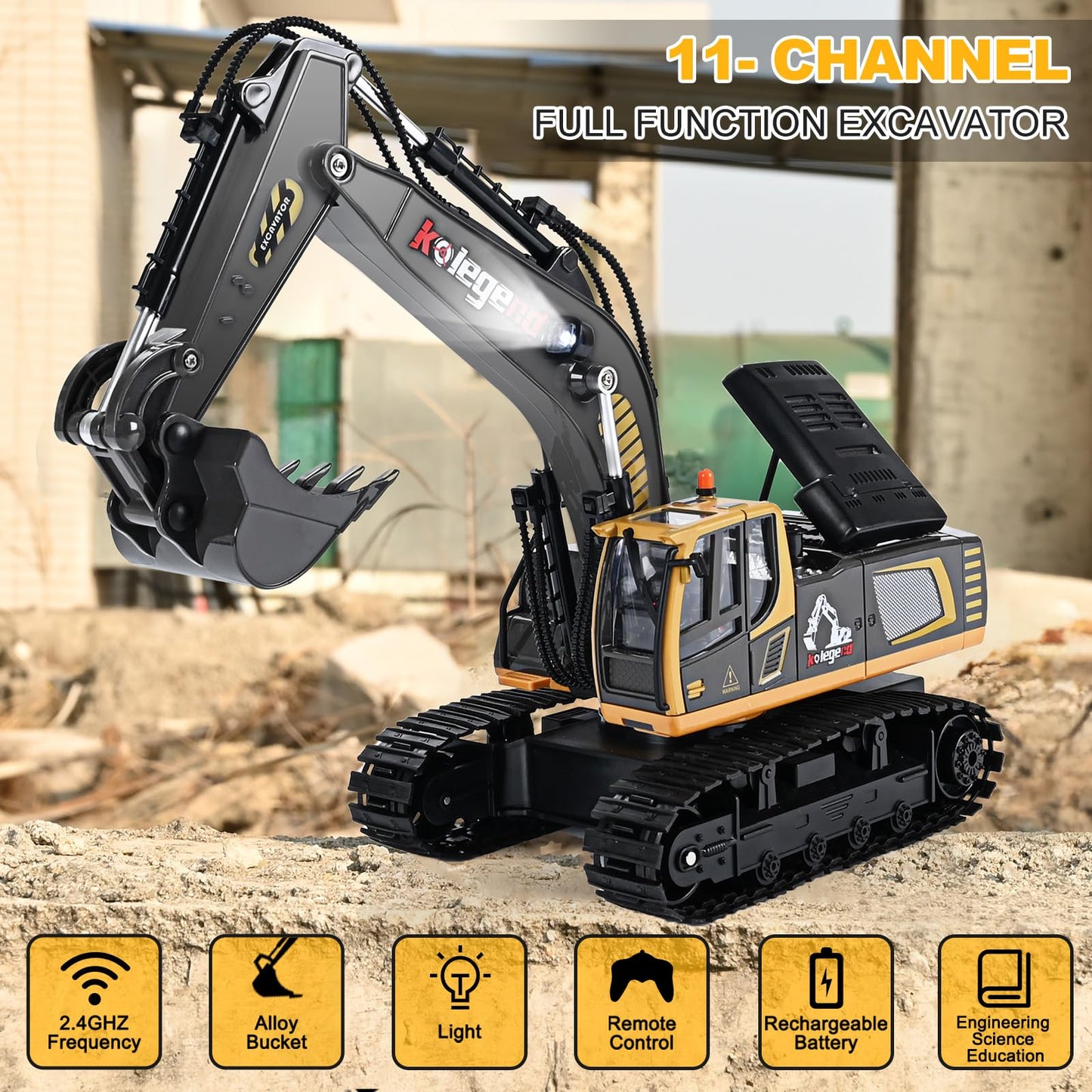 kolegend Remote Control Excavator Toy for Boys, 11 Channel RC Construction Truck with Lights, 2 x Batteries RC Excavator Toys Gift for 6 7 8 9 10 Years Old Kids Boys