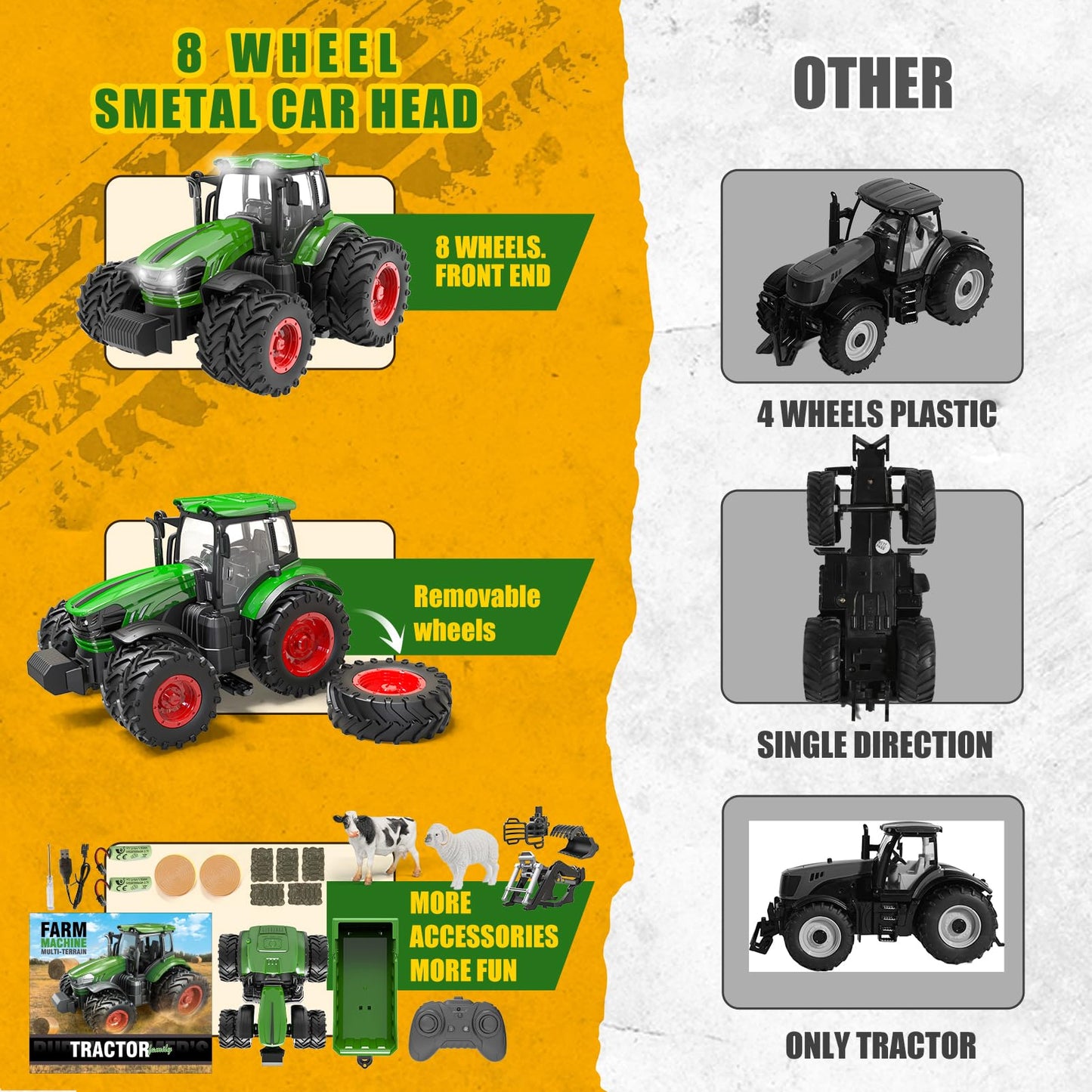 YKTrevok Remote Control Tractor Toy with Trailer | 2-in-1 8-to-4 Wheel Convertible Front Loader Tractor, Openable Doors & Hood with Lights, Farm Animals & Hay Bales, Gift for Kids Ages 3-9