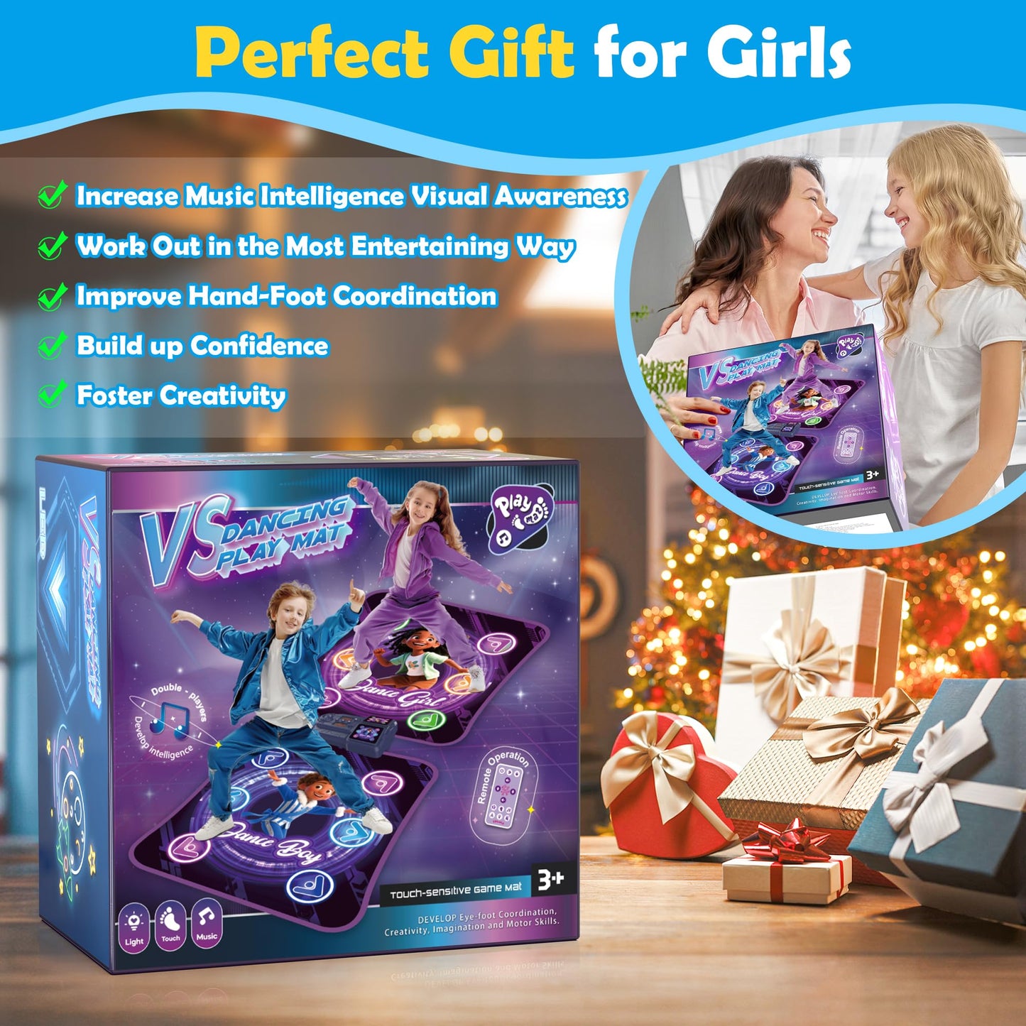 Dance Mats for Girls 4-8, Electronic Dance Mats, Dance Mat Toys, Kids Dance Mat, Girls Dance Mat, Dancing Mat, 2-Player LED Light Music Dance Toy with 5 Modes, Develops Hand-Eye Coordination