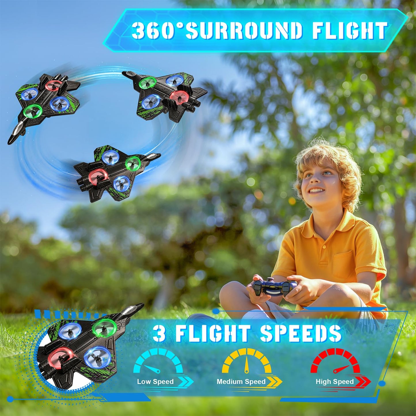 Merimon Foam RC Plane for Kids Adults, Remote Control Airplane with 3 Rechargeable Batteries, Cool Led Light and 360° Flip, Stunt RC Jet Plane Toy Gift for Kids 6+ (Olive Green-3 Batteries)