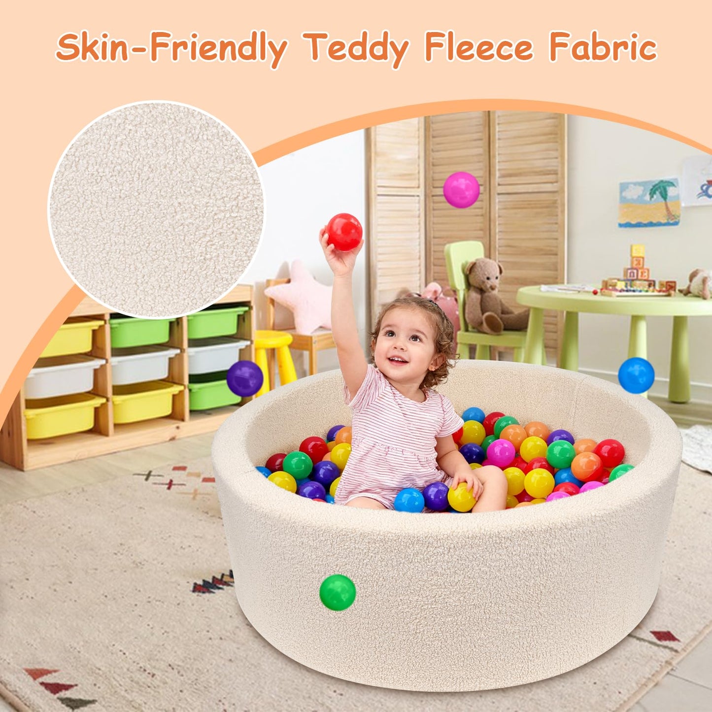 MEOGETY Kids Foam Ball Pits for Toddlers Babies Dogs Cats, Soft Infant Baby Ball Pit Pool for Girls and Boys Gifts, (Balls NOT Included) Imitation Teddy Colours