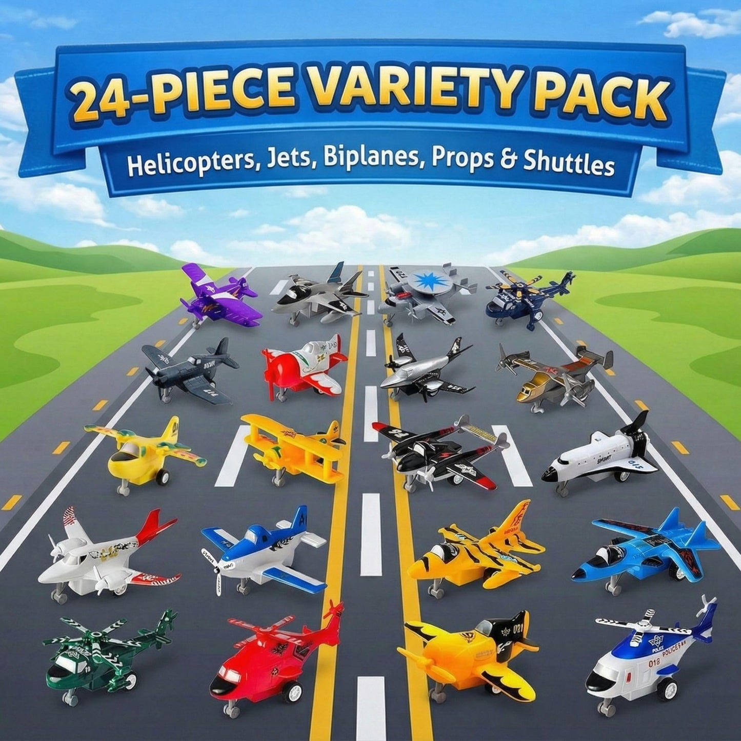 Liberty Imports Pull Back Airplanes Toys Vehicle Playset, Variety Pack of Helicopters, Stealth Bombers, Fighter Jets, Aircraft, Planes for Kids Toddlers Party Favors (24 Pack)