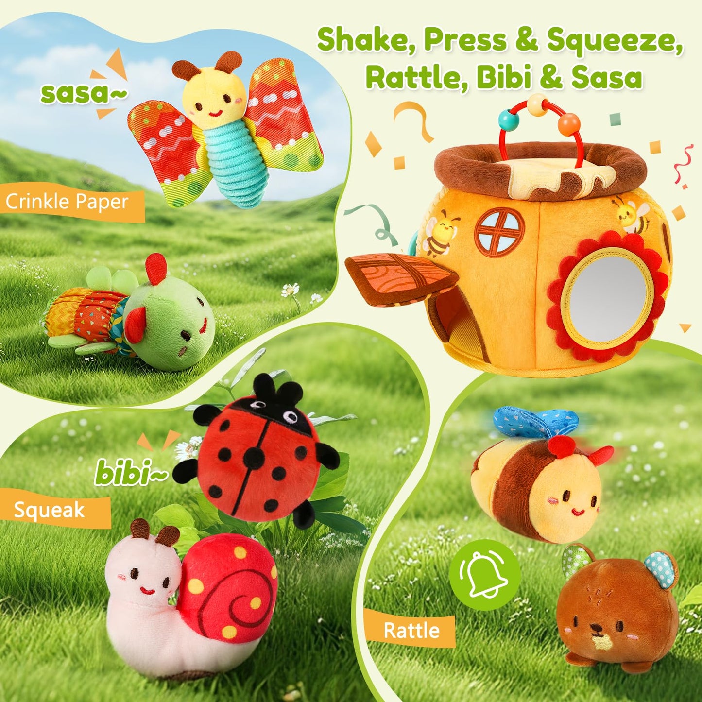 Baby Toys 6-12 Months, Surprise Honey Pot with Sensory Stuffed Animals, Rattle, Crinkle, Mirror, Montessori Toys for Baby Toys 1 Year Old, Infant Toys Christmas Gifts Stocking Stuffers Birthday