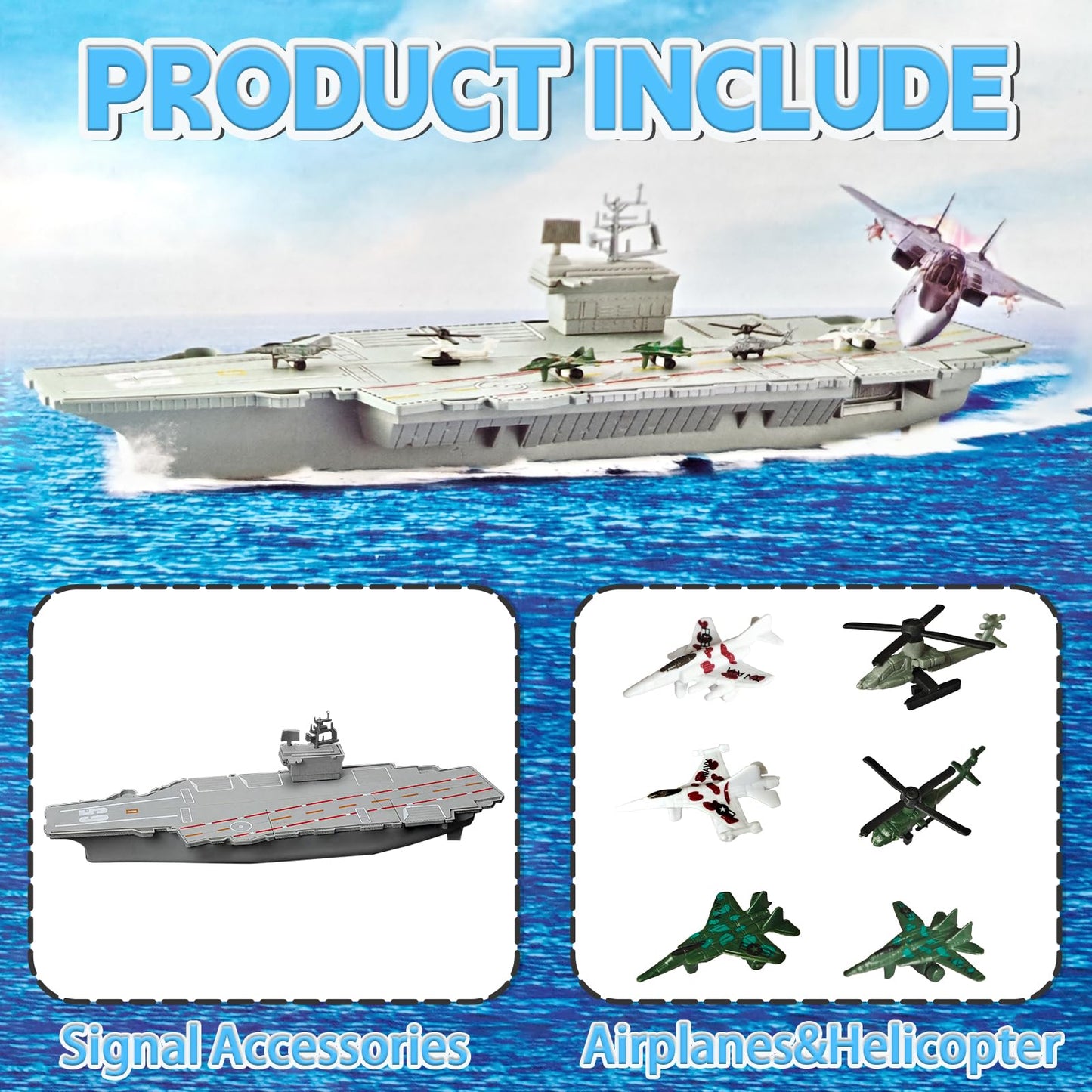 OTONOPI 18.5 Inch Aircraft Carrier Battleship Army Toys with 6 Warships Fighter Jets Warplanes Helicopter, Military Aircraft Carrier Model Ships for Kids Boys Girls