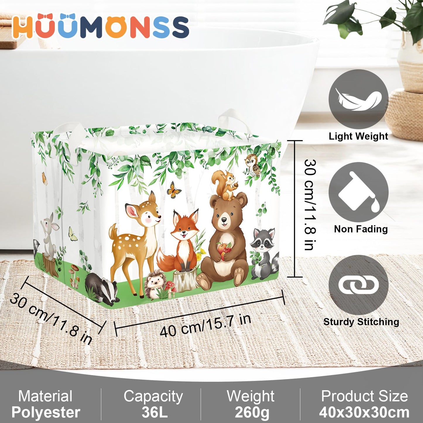 HUUMONSS Jungle Animals Laundry Hamper Large Storage Basket Cartoon Wild Zoo Collapsible Parents Organizer Kids Toy Clothes Bins for Bedroom, Bathroom, Bear, 36L