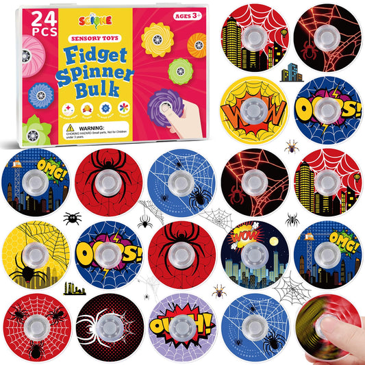 SCIONE 24Pack Spider Theme Fidget Spinner Toys for Kids, Hero Theme Birthday Party Favors,Goodie Bags Stuffers,Treasure Box Toy Classroom Prizes,Pinata Stuffers for Boys Movie Fans