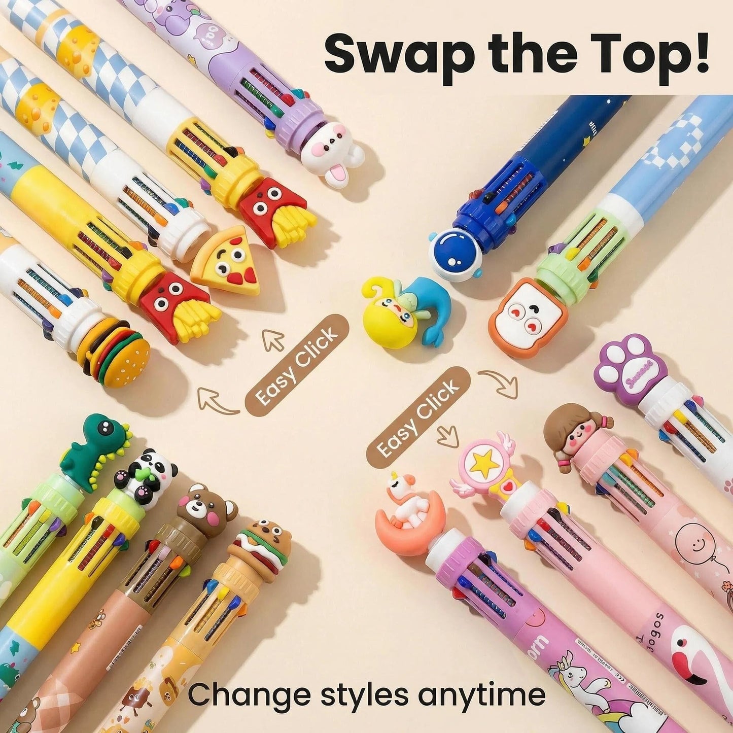 Rarler 20 Pcs Cute Cartoon 10-Color fidget Pens, Bulk Multicolor Ballpoint Pens, Party Favors for Kids 8-12, Goodie Bag Stuffers, Birthday Party Gifts, Classroom Prizes