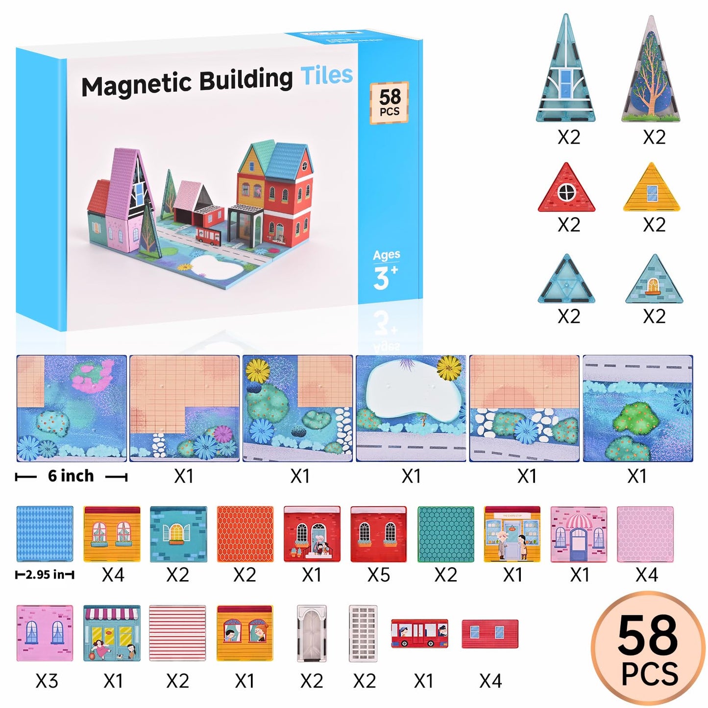 Magnetic Tiles Toy Set for Kids with 6 Large Square , Magnetic Blcok Fairytale Town Set, Magnetic Building Blocks with Road, Large Expansion STEM Building Magnet Toys for Ages 3-5 4-8 5-7 Boys Girls