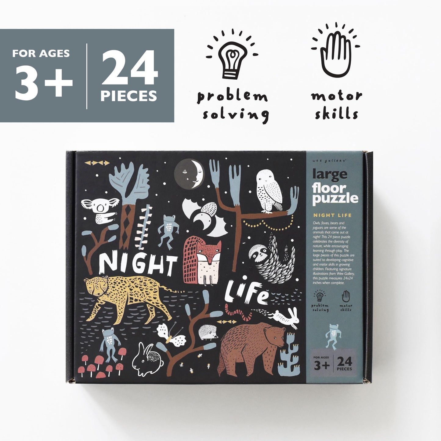 Wee Gallery Fine Motor Practice Bundle - Night Life Floor Puzzle, 24 Large Pieces, Durable Jumbo Jigsaw Floor Puzzles - Jungle Animals Lacing Cards for Toddlers, Sewing Board, Preschool Toys