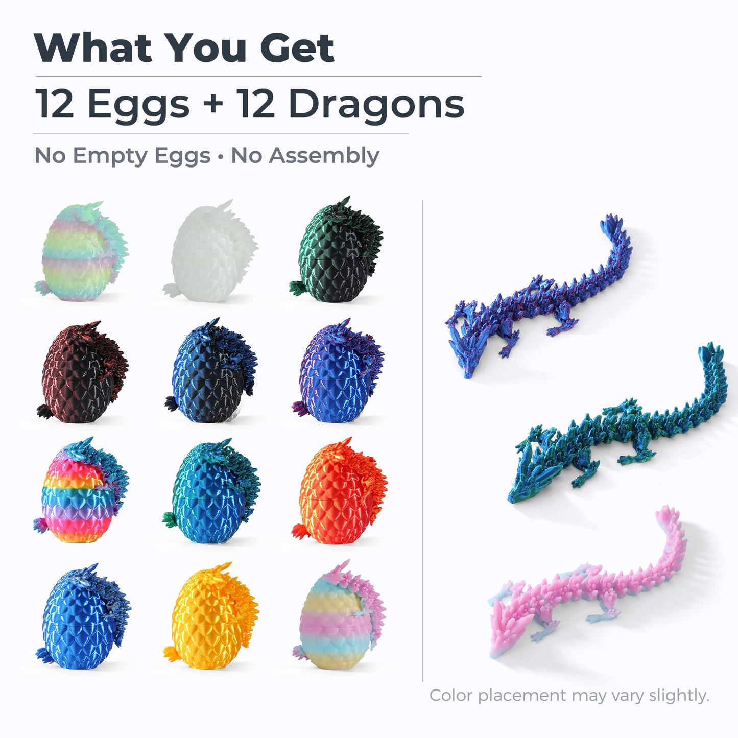 MiniMythos Toys 12 Pack 3D Printed Dragon Eggs with Dragons Inside, Mini Articulated Crystal Dragon Figures, Dragon in Egg Collectible Set, Desk Decor Display, Gift-Ready Box