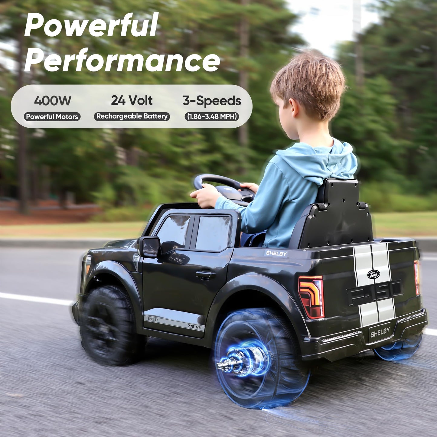 Hikiddo Licensed Ford Shelby F-150 24V Kids Ride on Toy, Electric Car for Kids with Remote Control, 400W Motors - Black