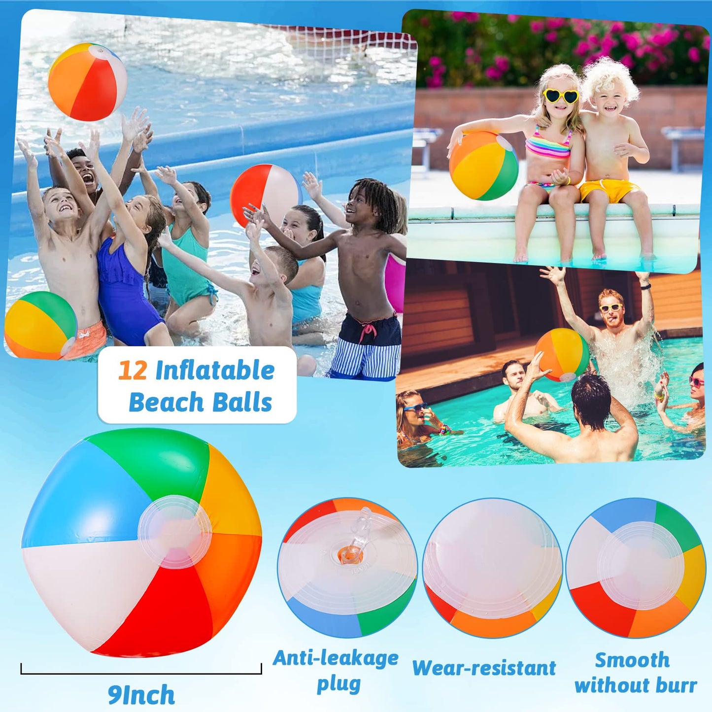 SCIONE Beach Balls Bulk 12 Pack - 9" Inflatable Swimming Pool Toys for Kids Summer Water Games, Hawaiian Tropical Theme Party Decorations Favors Supplies