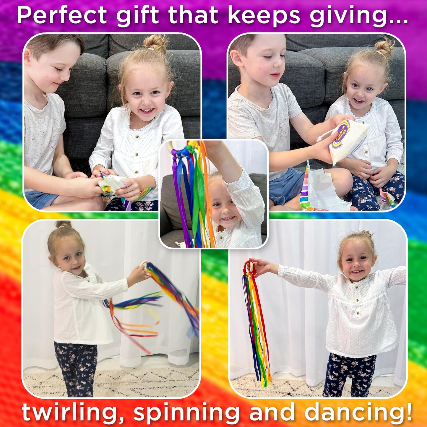 Covelico Rainbow Hand Ribbon Kite, 2 x Montessori Inspired Ribbon Toy, Each Wooden Rings with 7 Bright Rainbow Streamers, Waldorf Sensory String Toys for Kids & Gymnastics Dance Ribbons for Toddlers