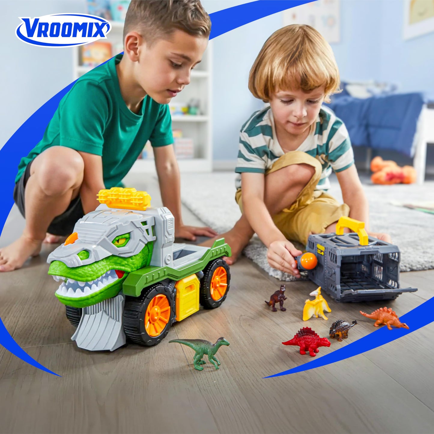 JOVA Vroomix Dinosaur Toys for Kids 3-5, Dinosaur Carrier Truck with 2 Pcs Cars and 6 Pcs Figures for Toddlers, T.Rex Truck with Launcher and Darts, Birthday Gifts Toys for 3 4 5+ Year Old Boy