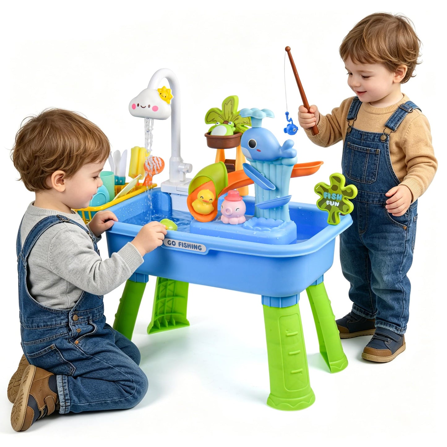 Upgraded Toddler Sand Water Table Toy with Electric Water Pump, Kids Sand Water with Faucet/Play Food Accessories/Fishing Toy, Kitchen Play Sink Toys for Girl Boy Age 3+ (Blue-Cloud)