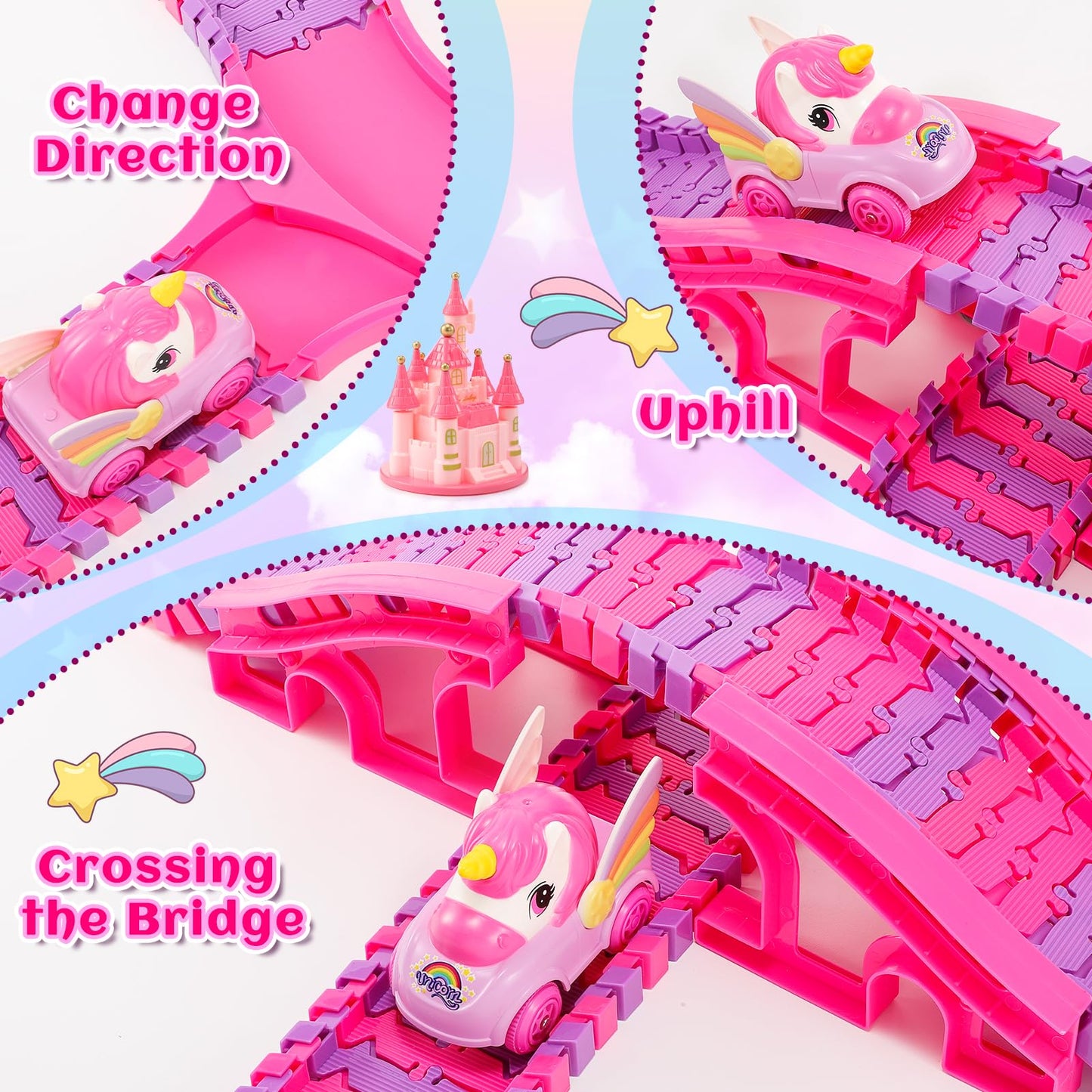 Aetyni Unicorn Toys Car Track for Kids Girls 4-6: 232 PCS Unicorn Monster Truck Race Track with 2 Pull Back Cars Toys for 3 4 5 6 7 Year Old Girl Toddler Christmas Birthday Gifts for Girl 3-5 6-8