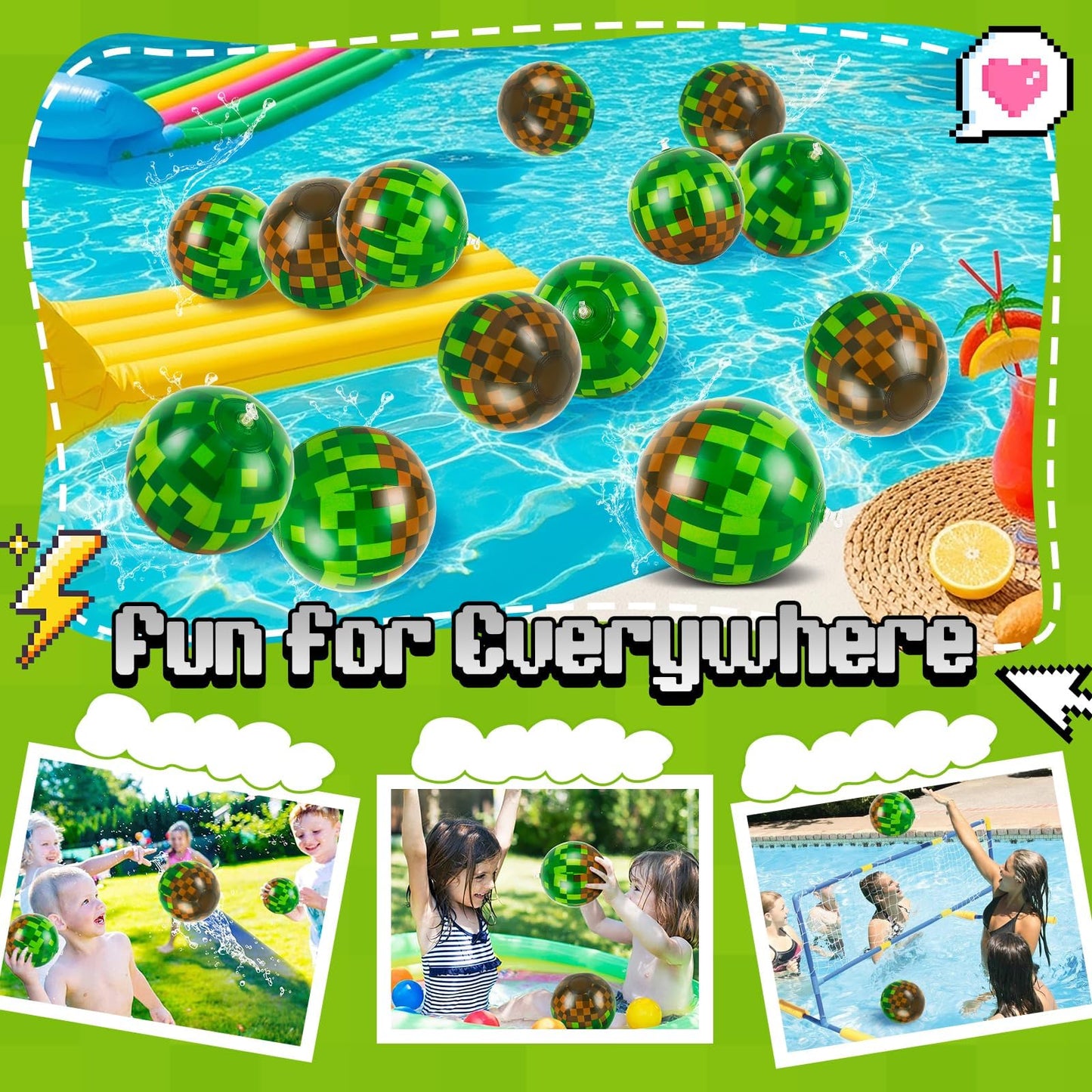 ZSMKJIAYE 24 Pack Pixel Themed Beach Balls - 6 Inches Green and Brown Inflatable Floating Balls for Birthday Party Decorations, Summer Pool and Beach Game, and Bulk Birthday Party Favors