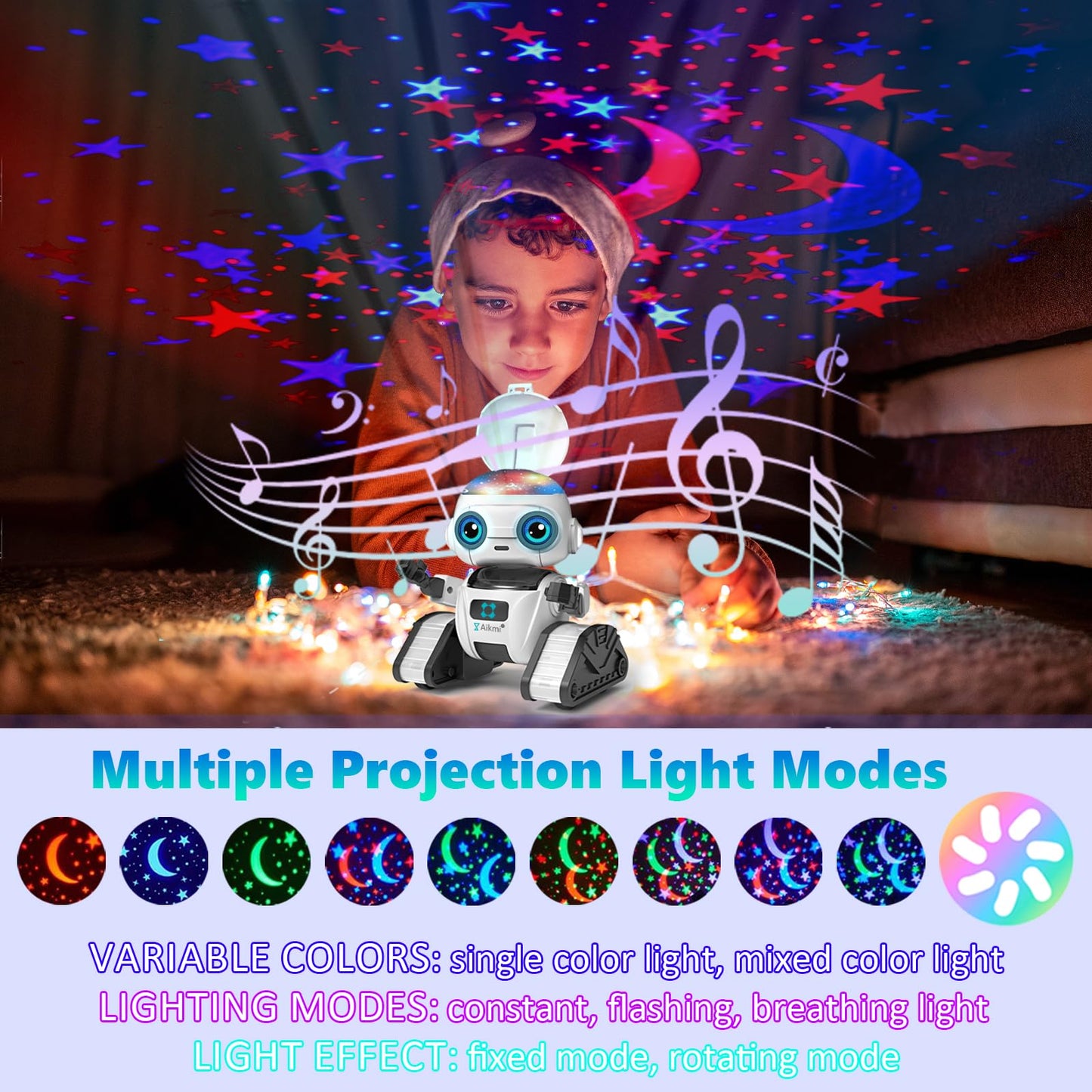 Aikmi Robot Toys for Kids 5-7, Rechargeable Remote Control Robot with Projector Night Light for Kids, Gesture Sensor, Music, Toys for 6 Year Old Boys Girls Birthday Present Boy Toy (White)