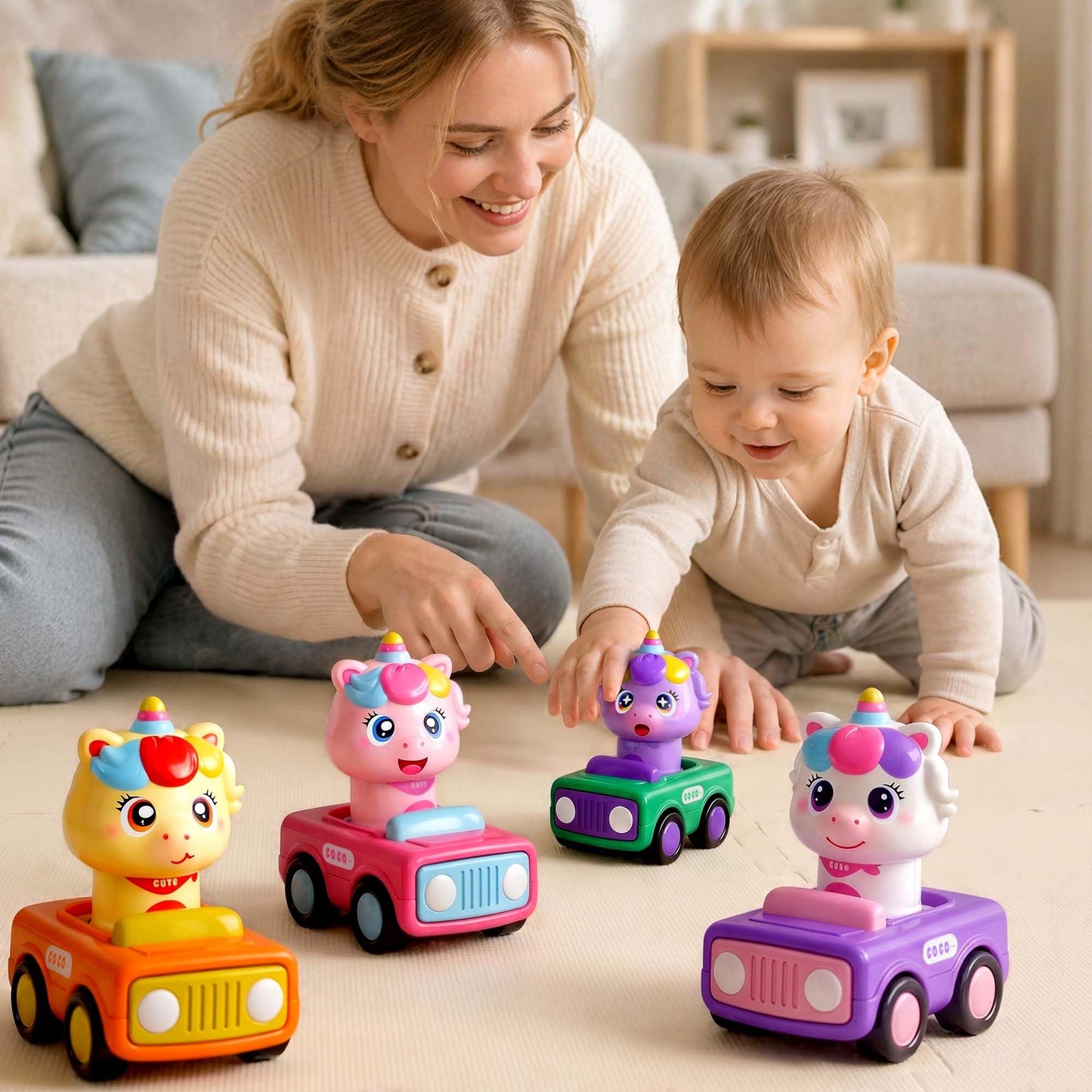 iPlay, iLearn Press to Go Unicorn Car Toys for Toddler 1-3, Baby Animal Racing Cars, Infant Girl Push Go Friction Toy, Kids Play Vehicle for 12 18 24 Month, 1st Birthday Gifts for 1 2 One Yr Child Boy