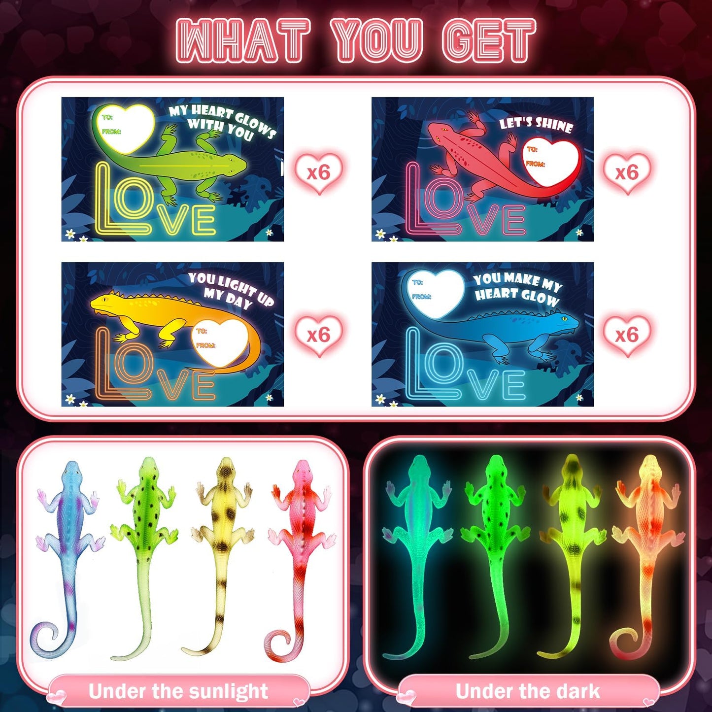 AuroTops Valentines Day Cards for Kids, 24 Pack Glow in The Dark Lizards with Valentine's Cards, Stretch Toy for Valentine Party Favors for Boys & Girls, Kids Exchange Valentine's Gifts