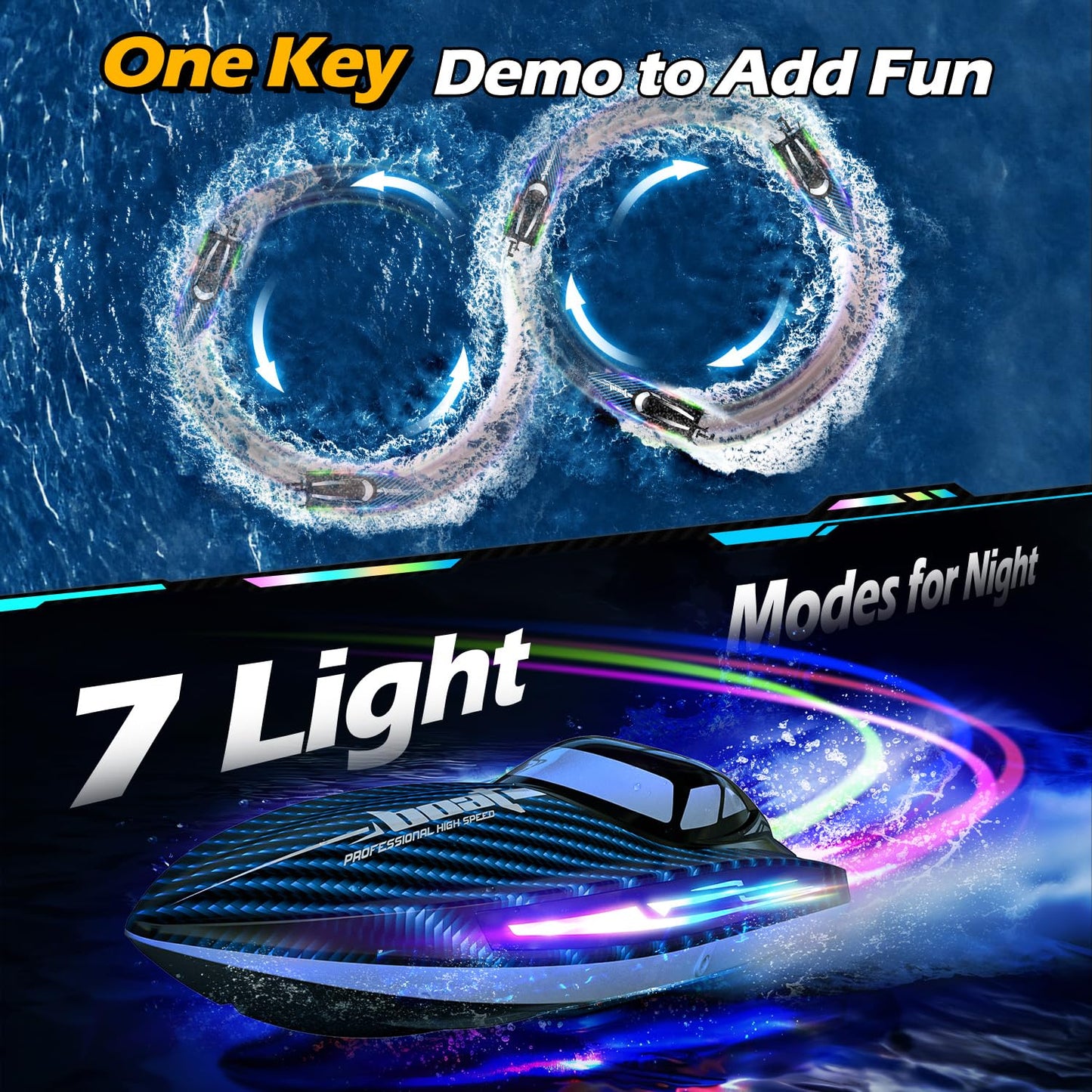 30KMH RC Remote Control Boat with 7 LED Light Modes Waterproof Electric Fast Speed Boat for Adults Kids 8-12 Lake Pool Water Play,Self-righting,Demo,Water Cooling,20Mins,Low Battery Alert,2.4Ghz,Blue