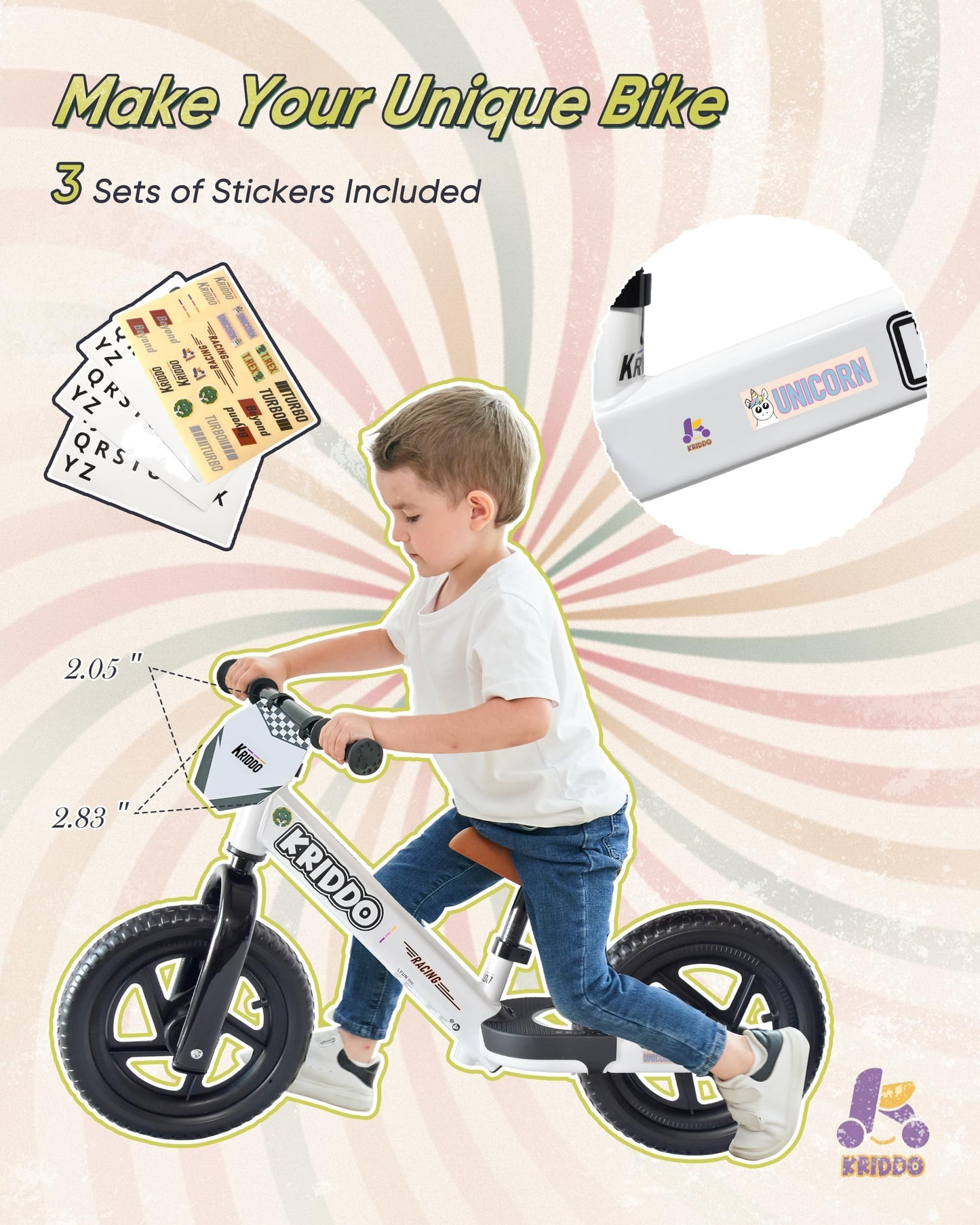 KRIDDO Balance Bike 2 Year Old, Toddler Balance Bike for Kids Aged 2-5, with DIY Colorful Stickers, Non-Slip Sporty Footrest, Racing-Style Frame, Gift for 2-4 Boys and Girls, White