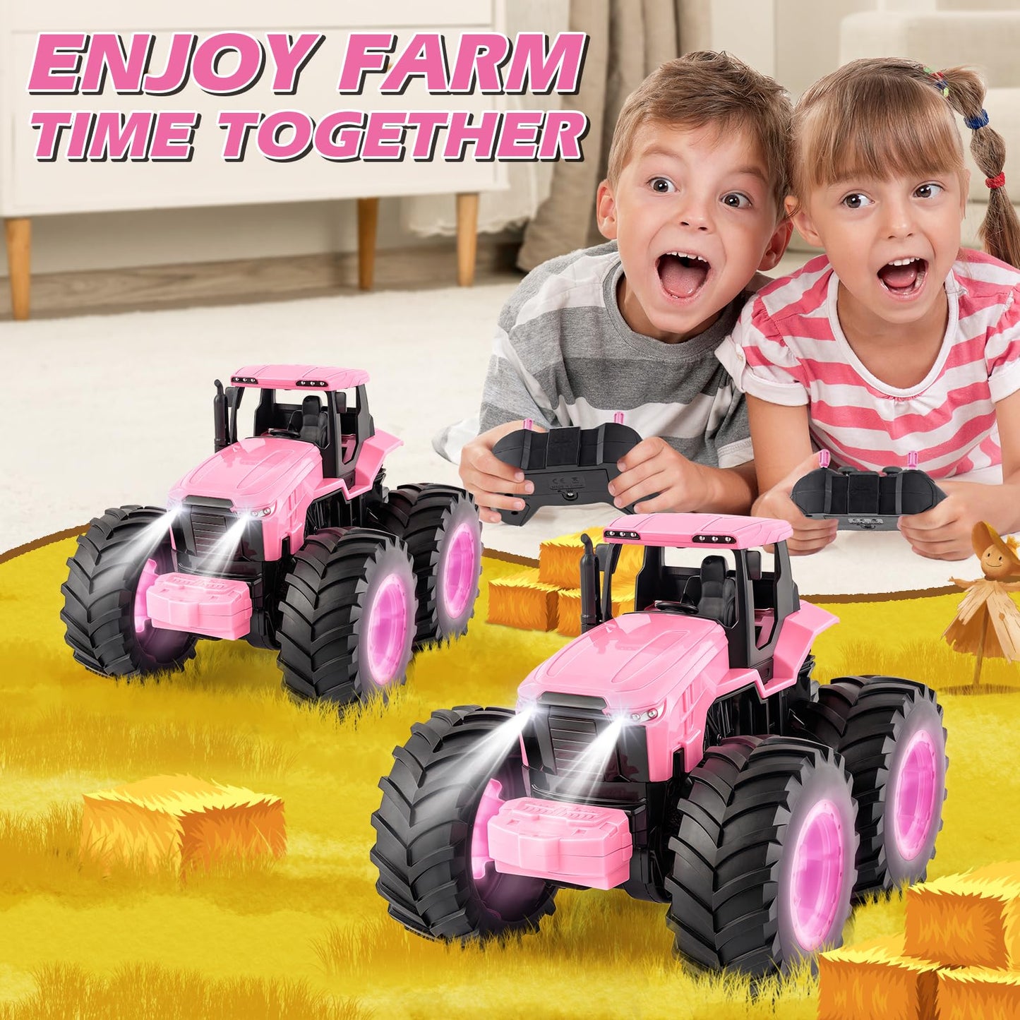Remote Control Monster Tractor Toy for 3, 4, 5, 6, 7 years old, Pink Light Up Monster Trucks Toy with LED Lights Toddlers RC Farm Vehicle Toys for Boys ＆ Girls Ideal Christmas, Birthday Gifts for Kids