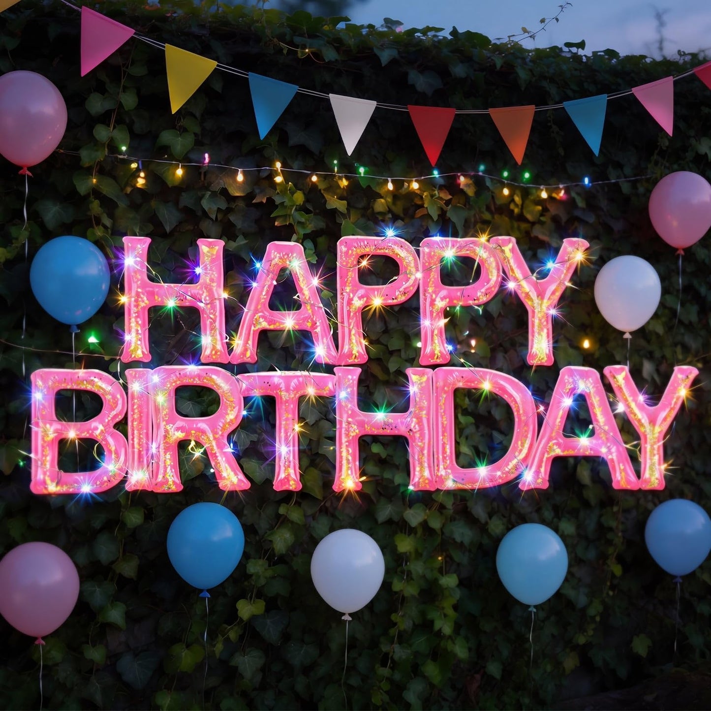 Happy Birthday Pool Floating Letter Balloons, 20'' Inflatable Pool Birthday Decorations with LED Lights,Adhesive Dots, Pink Gold Confetti, Reusable PVC Large Floating Letters for Pool Party