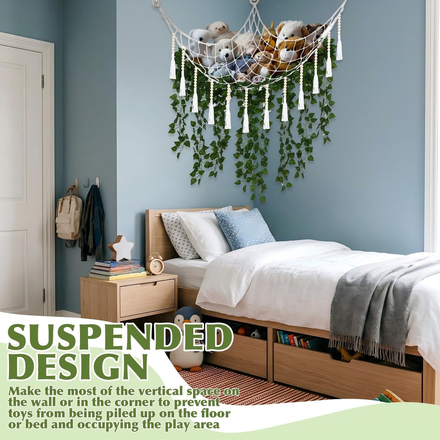 Suncalla 4 Pcs Large Stuffed Toy Storage Net Hammock Corner with Fake Vines Artificial Ivy Garland Bedroom Aesthetic Decor for Kids Baby Nursery Essentials Wall Bedroom Home Decor (White)