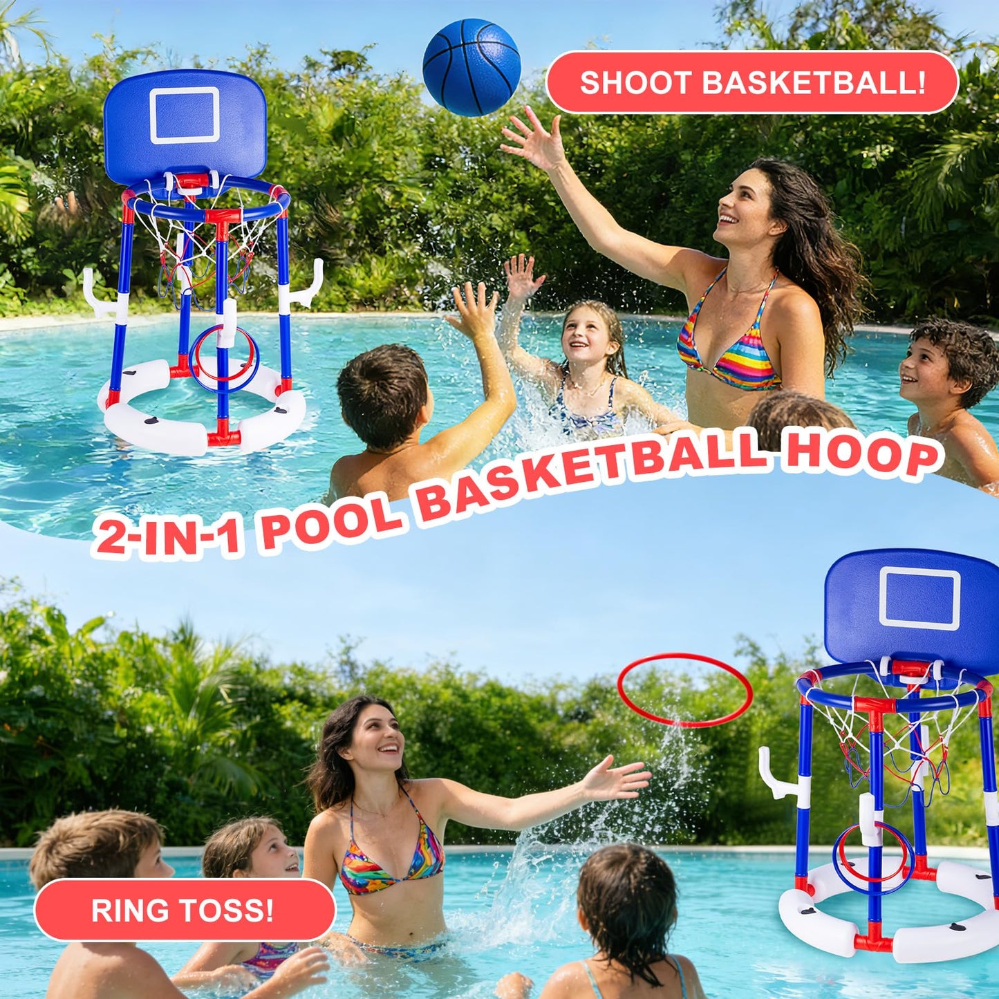 EXCECAR 2-in-1 Floating Pool Basketball Hoop Set,Blue Swimming Pool Basketball Hoop with Backboard,4 Balls,6 Rings & Pump,Water Basketball Hoop for Pool Party Fun & Outdoor Indoor Pool Toys