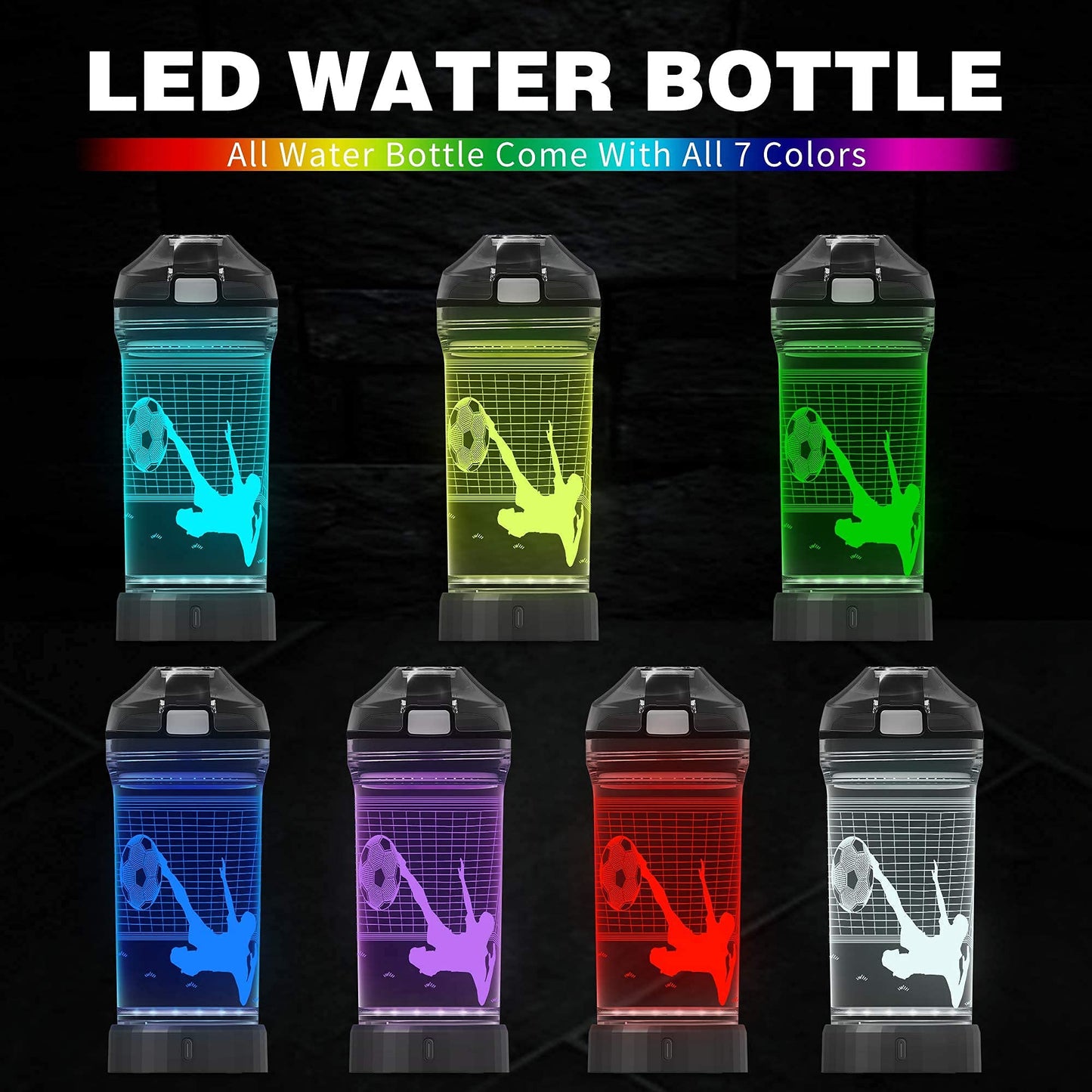YuanDian Soccer Gifts, Light Up Kids Water Bottle with 3D Soccer Illusion Lamp- 14 OZ Tritan BPA Free - Cool Drinking Cups Gift for School Kids Boy Child Sport Lovers