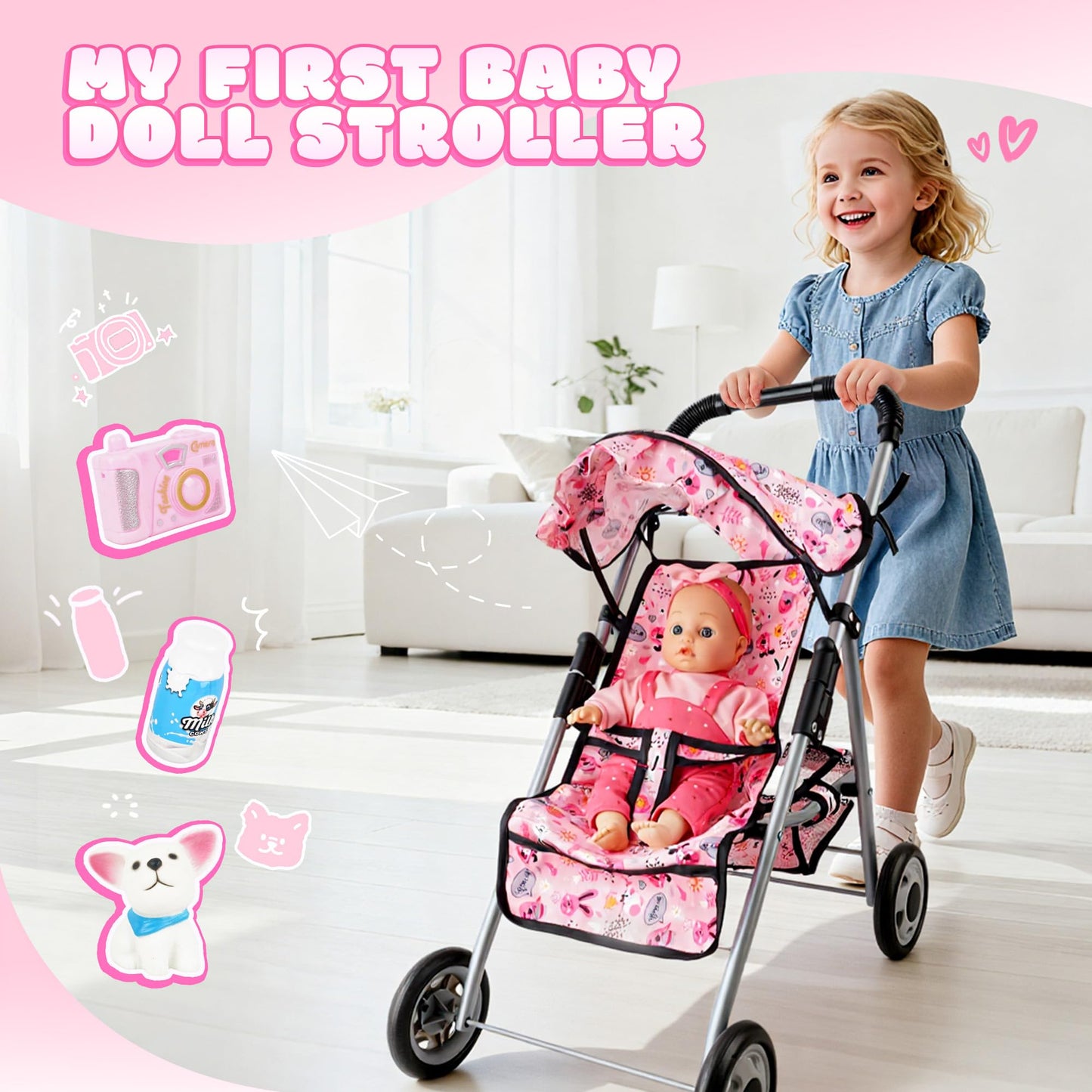 SMILESSKIDDO Baby Doll with Stroller PlaySet - 12 Inch Soft Body Dolls and Accessories Dining Chair, Doll Clothes, Feeding Set for Realistic Pretent Play, Babydoll Care Gift for Toddler Girls 2 3 4 5