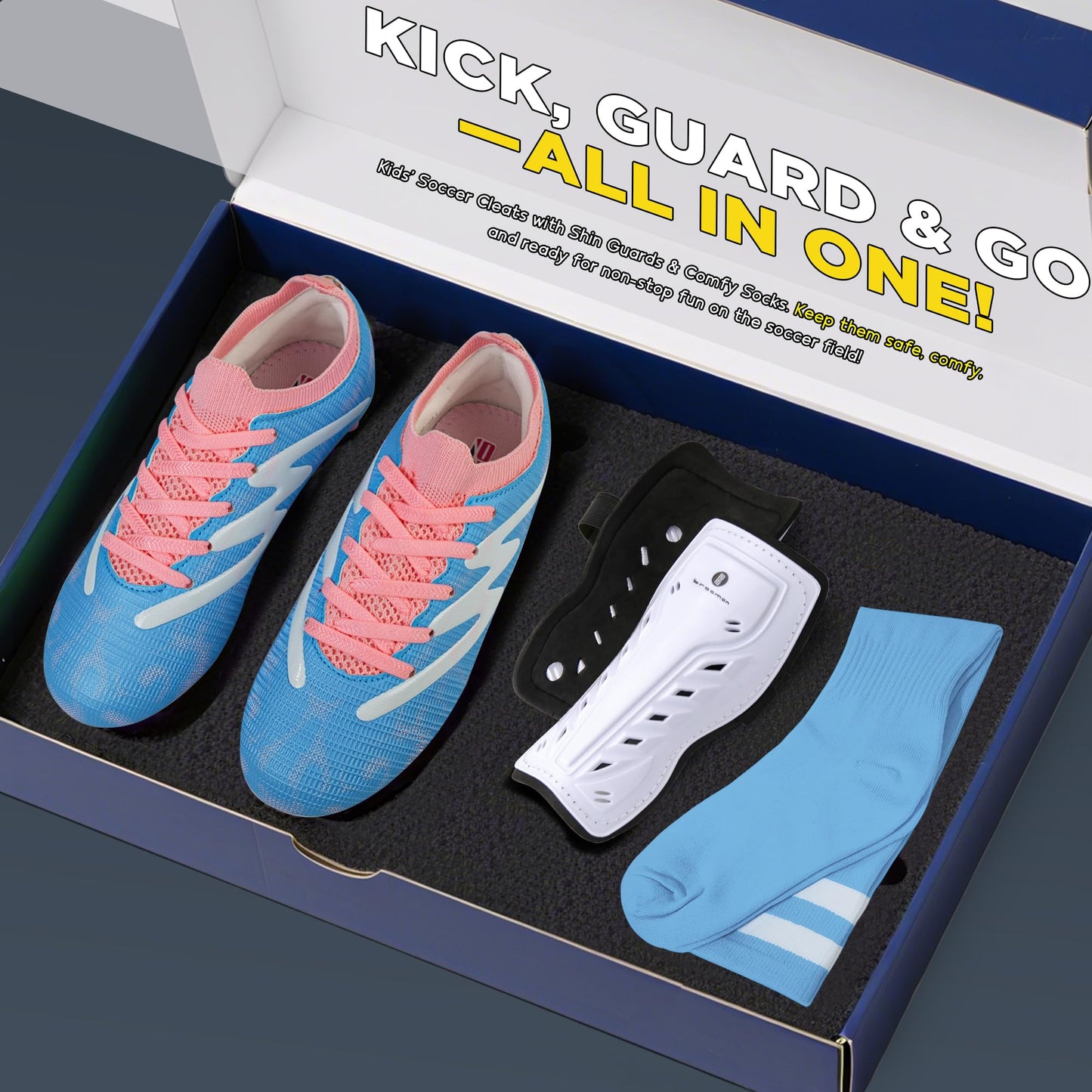 brooman Kids Firm Ground Soccer Cleats Boys Girls Football Shoes with Shin Guards and Soccer Socks (5,Blue Pink)