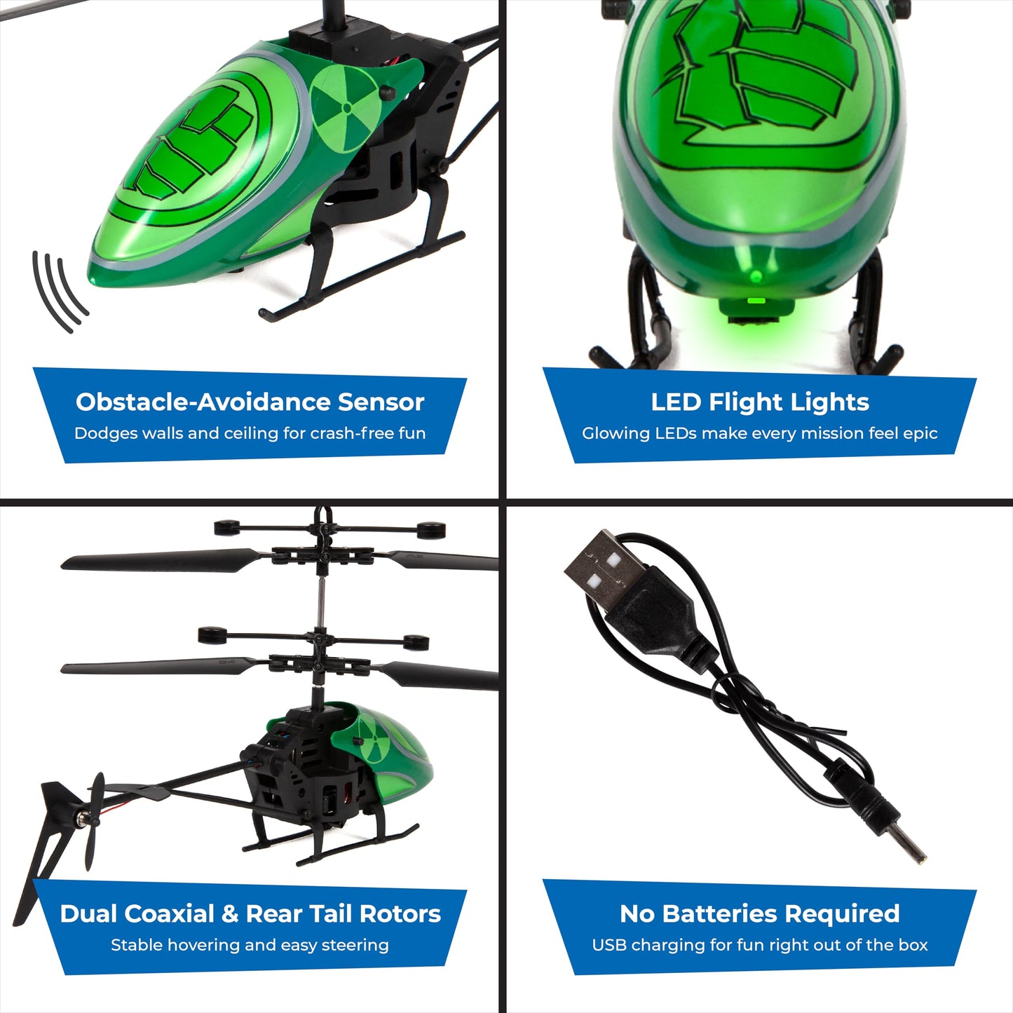 Marvel Hulk RC Helicopter – Easy‑Fly Remote Control Helicopter with LED Lights, Durable Body, Coaxial & Rear Rotors – Kids 8+