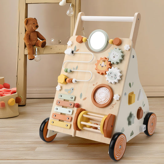 Pithfor Wooden Baby Walker, Baby Push Walker with Activity Center for Girls Boys, Montessori Push Walker Toys for Babies Learning to Walk, Sit-to-Stand, for 10-12 Months 1 2 3 Years Old