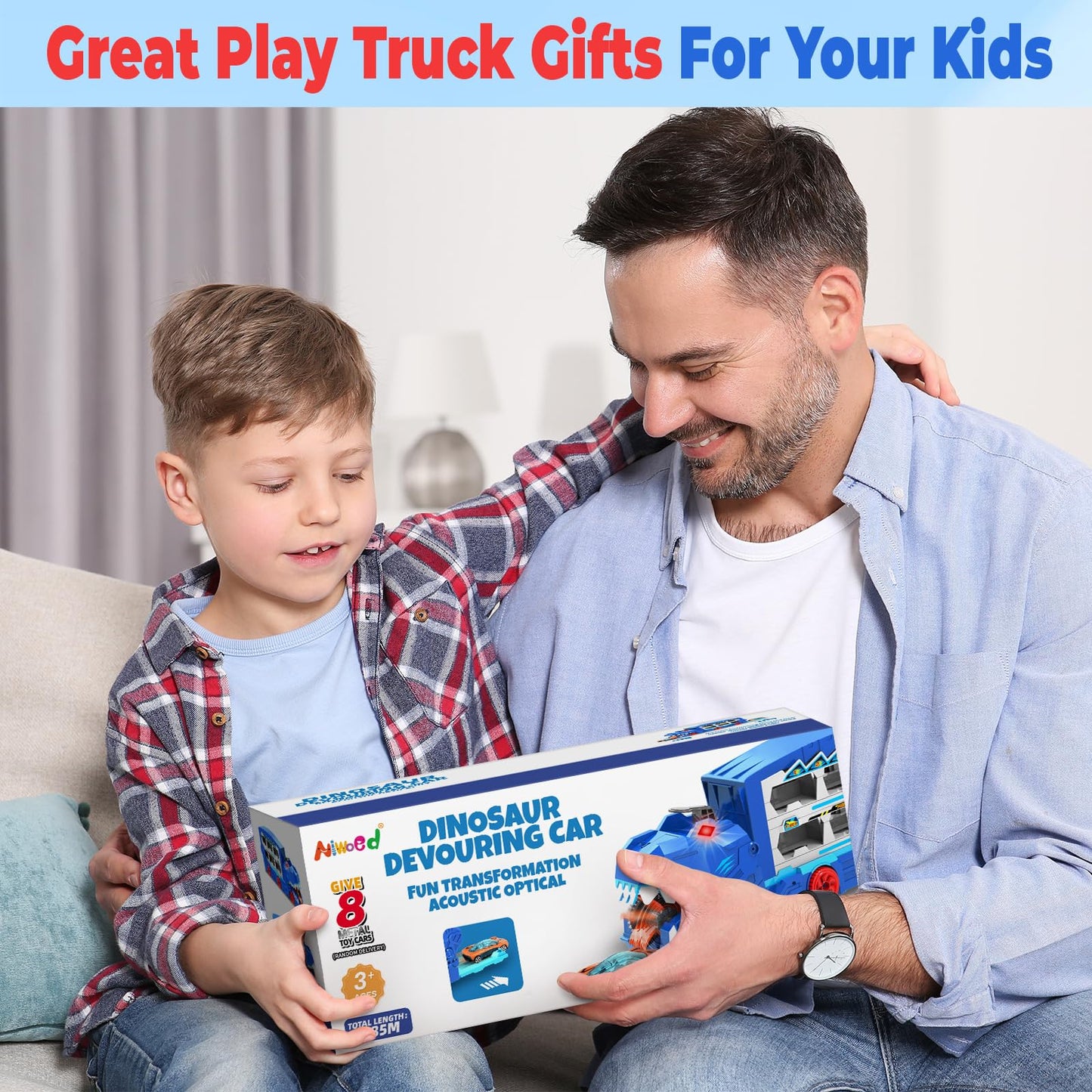 Dinosaur Transport Car Race Track Toy Set for Kids - Monster Carrier Truck Toys for Age 3 4 5 6 7 8 9 10 11 12 Years Old Boy Christmas Birthday Gifts with Die-Cast Metal Toy Cars, Light & Sound