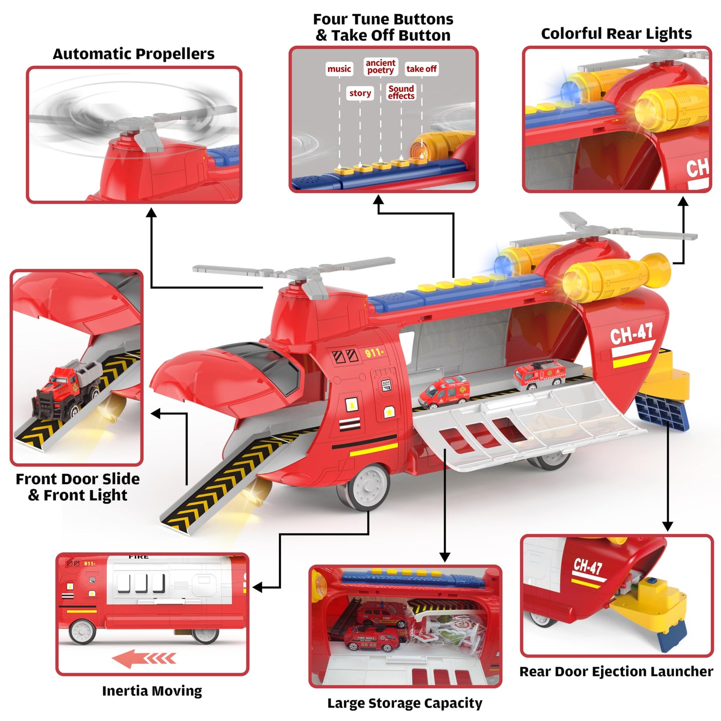 Transport Airplane Toy with 7 Rescue Vehicles/helicopter,1 Play Mat,14 Road Signs,Dual Form Airplane Toy Set with Lights and Sounds,Automatic Propellers, Cars Ejection, Gift for Boys and Girls Age 3+
