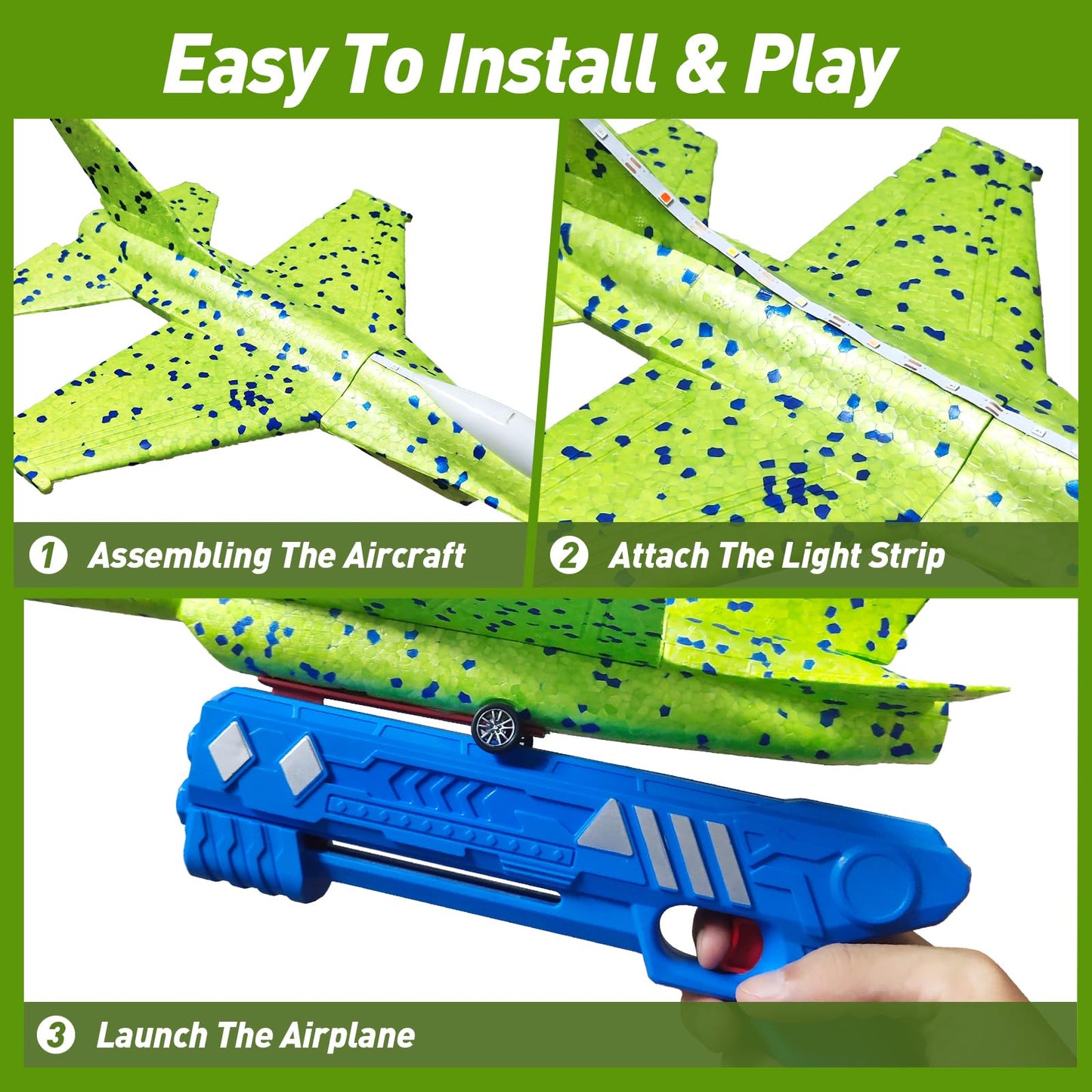 CRILARY 3 Pack Airplane Launcher Toys for Kids, 13.2'' LED Foam F-15 Fighter Jet & Glider, 2 Flight Modes Catapult Plane Outdoor Flying Toy, Easter Birthday Gifts for Boys Girls Ages 4-12