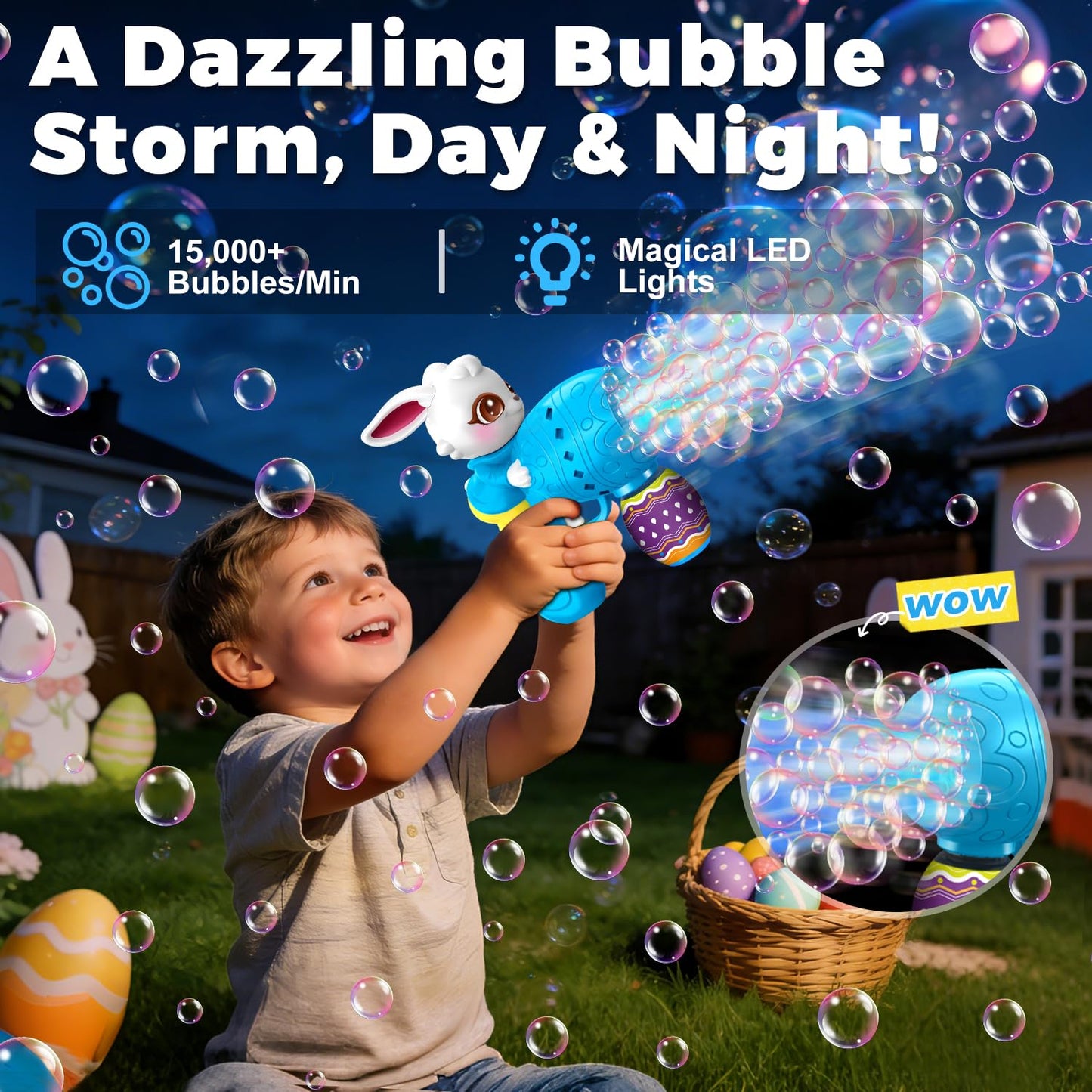 Easter Bubble Guns for Toddlers & Kids: Easter Basket Stuffers 2-Pack Bunny & Egg Themed - Leak-Proof Bubble Blaster Toys with Refill Solution - Perfect for Easter Egg Hunt & Outdoor Party