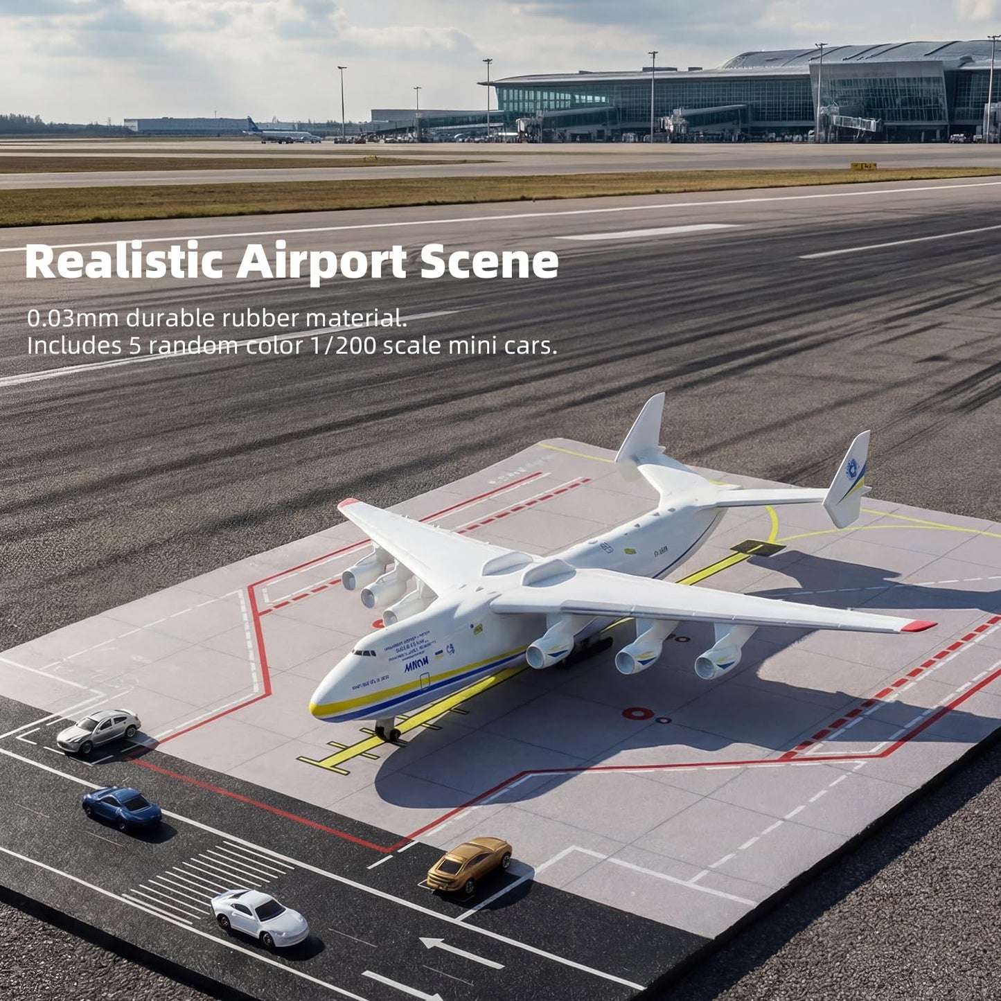QIYUMOKE 1/400 AN-225 Airplane Model with Rubber Airport Mat and 5 Mini Car, Diecast Metal Antonov 225 Mriya Airplane Model Kits for Adult Decoration Military Aircraft or Gift (Mat: 25×35 cm)