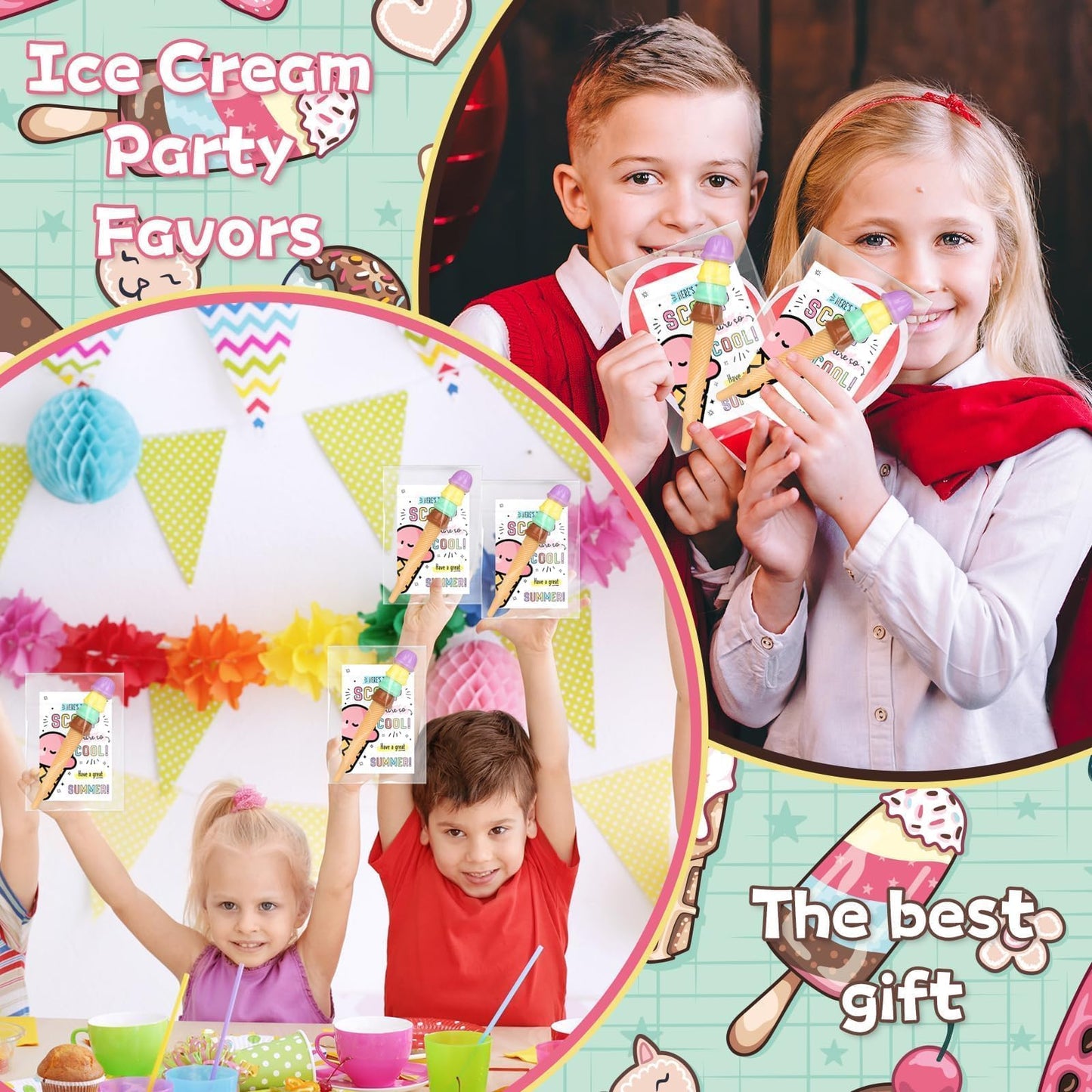 24 Sets End of Year Student Gits from Teacher Incudes Ice Cream Party Favors Ice Cream Pen Cute Cartoon Novely Gel Pen for Students School Classroom Prizes Last Day of School Gift Set